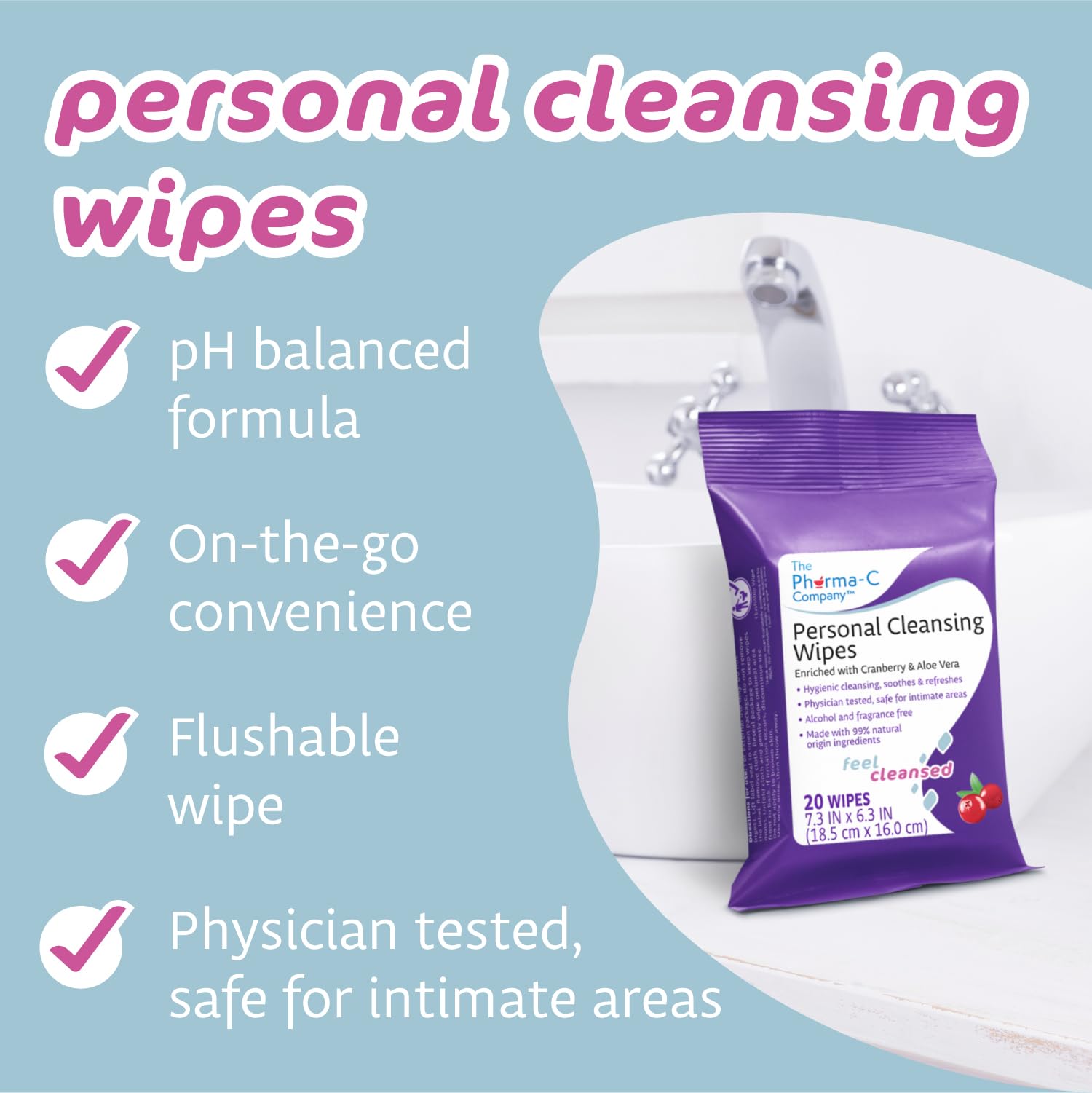 The Pharma-C Company Personal Cleansing Wipes [2 packs of 20 wipes] - Enriched with Cranberry & Aloe Vera - AB Mystery