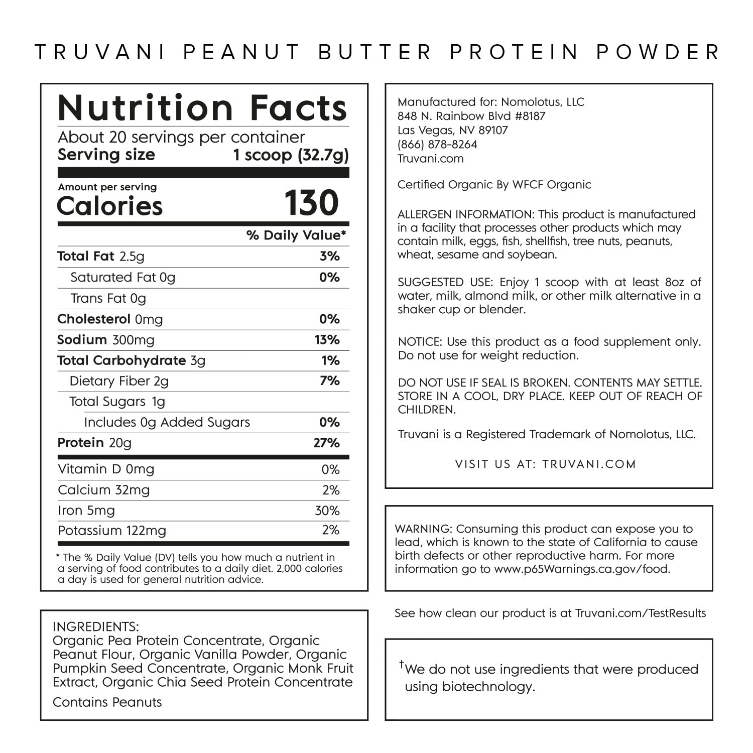Truvani Organic Vegan Protein Powder Peanut Butter - 20g of Plant Based Protein, Powder - AB Mystery