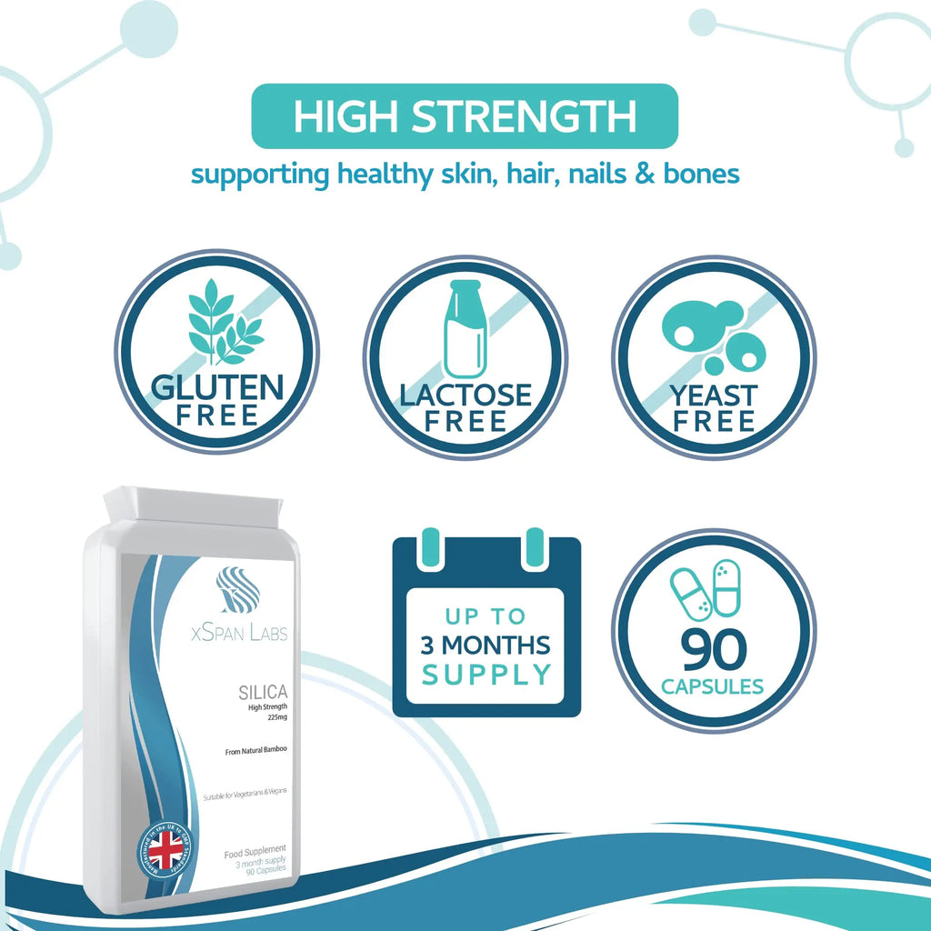 Silica 225mg – 90 Capsules - A Potent Highly Bioavailable Form - Naturally Sourced from Bamboo Extract - One-A-Day Vegan Capsules to Support Healthy Hair, Nails and Skin - Made in The UK Xspan Labs