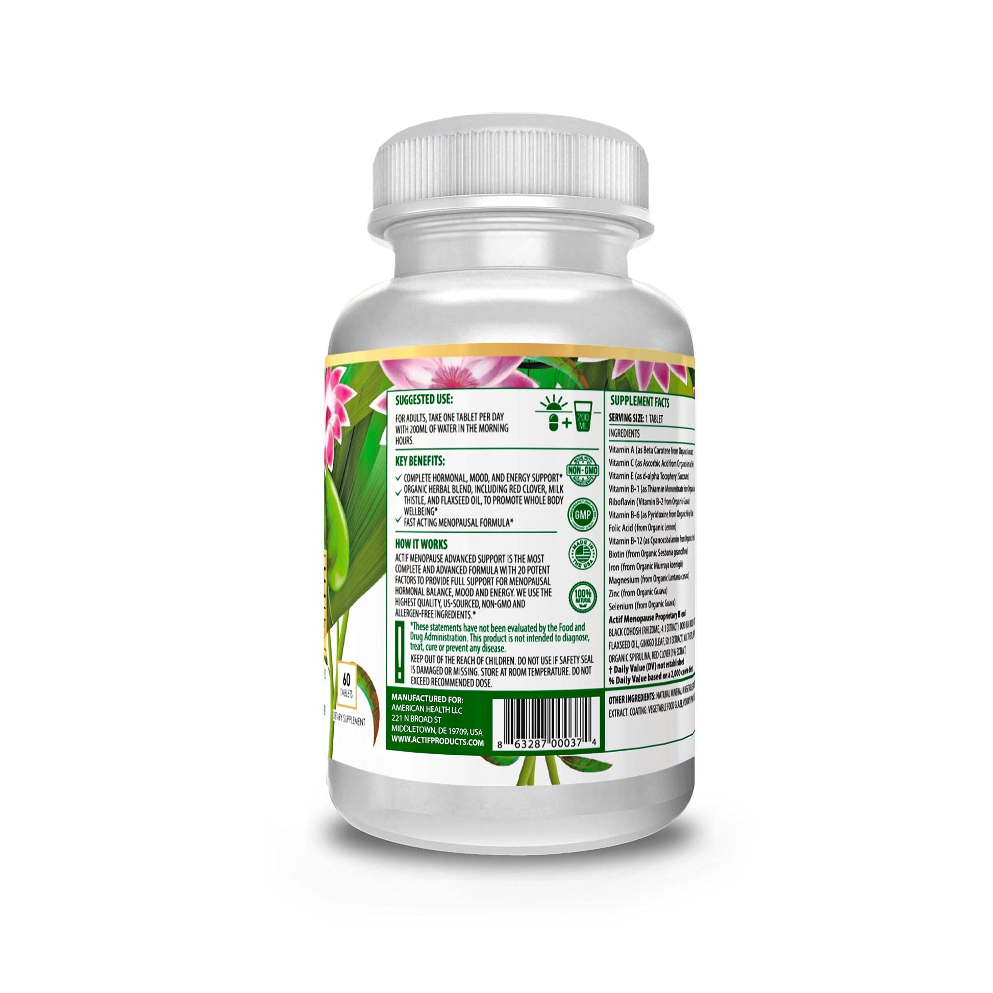 Actif Menopause Advanced Support with 20+ Organic Vitamins and Herbs - Relieves Hot Flashes, Night Sweats - AB Mystery