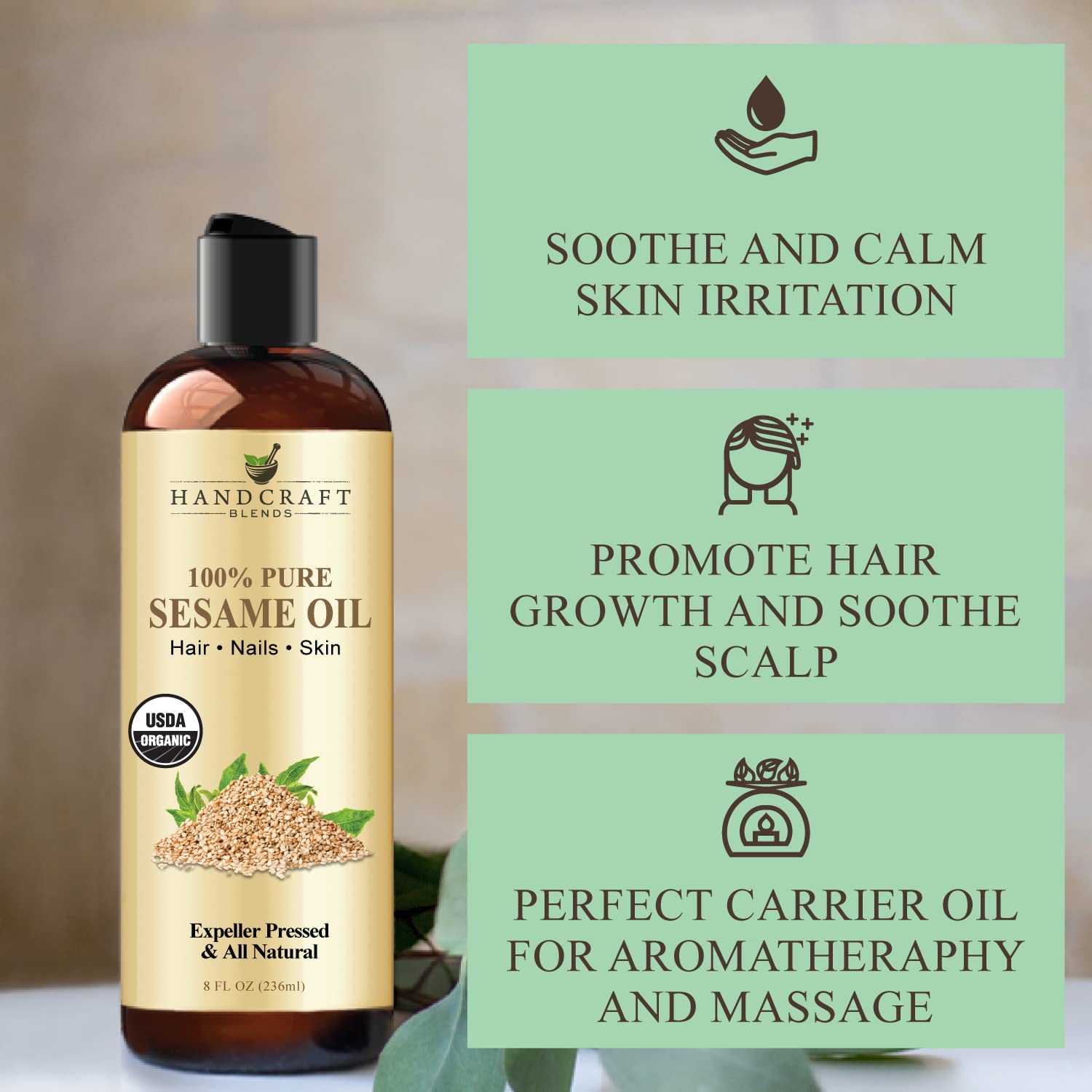 Handcraft Blends Organic Sesame Oil for Skin and Hair 8 oz - 100% Pure and Natural - Premium - AB Mystery