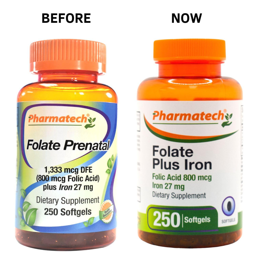 PHARMATECH Folic Acid 800 mcg Plus Iron 27 mg Supplement for Women, Vitamin B9 PHARMATECH