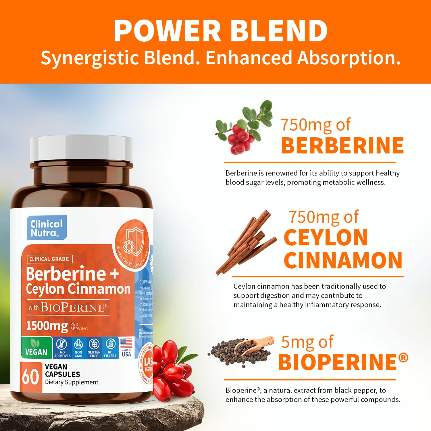 Clinical Grade Berberine Supplement 1500mg HCL Plus Ceylon Cinnamon Weight Managemen - AB Mystery