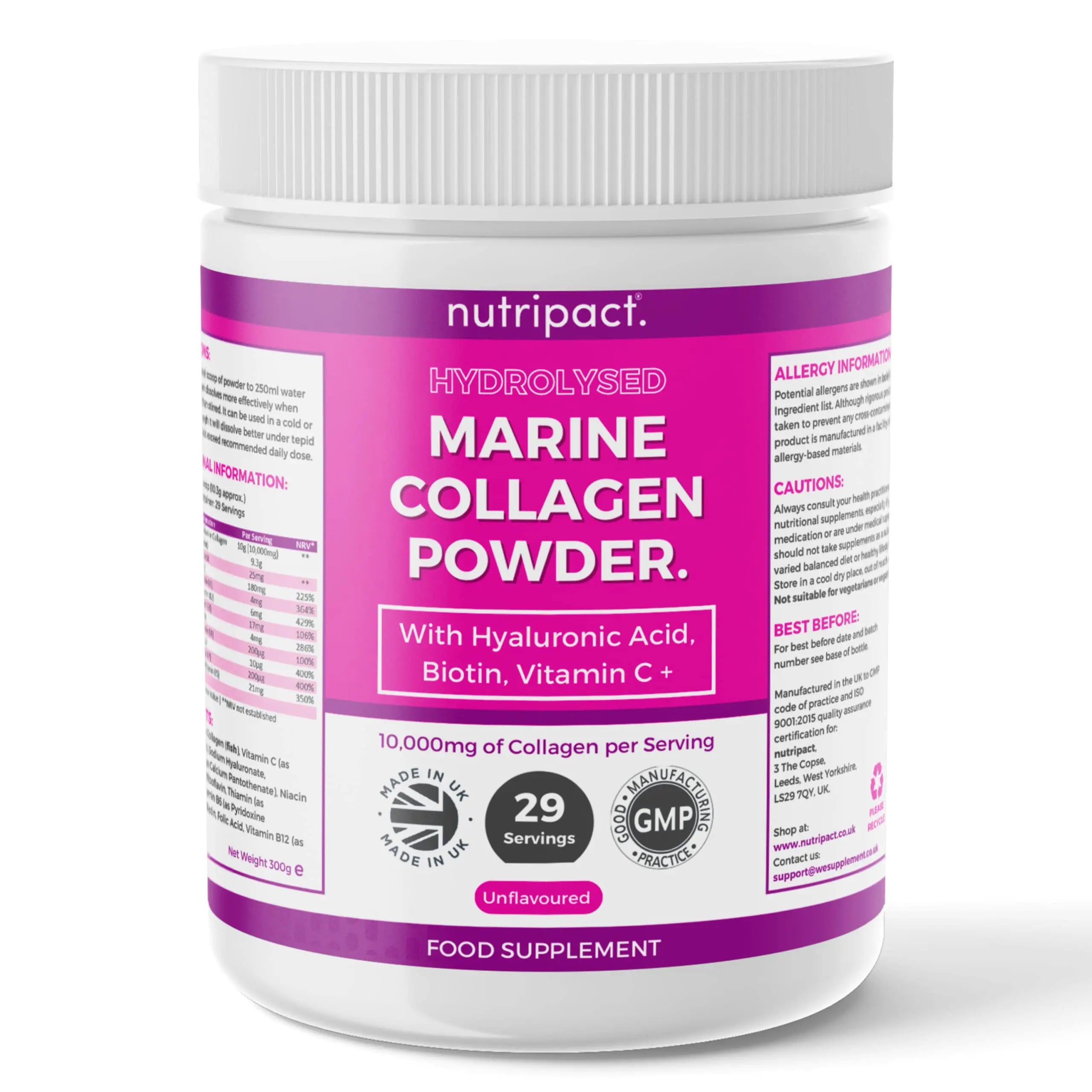 Hydrolysed Marine Collagen Peptides Powder with Hyaluronic Acid, Biotin, Vitamin C & B Vitamins – 10,000mg Collagen