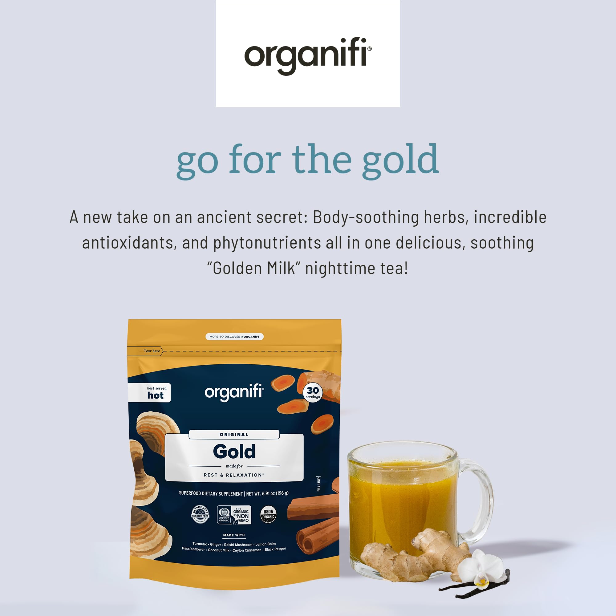 Organifi: Gold - Superfood Supplement Powder- 90 Servings (3 Pack) - Stress Support - AB Mystery