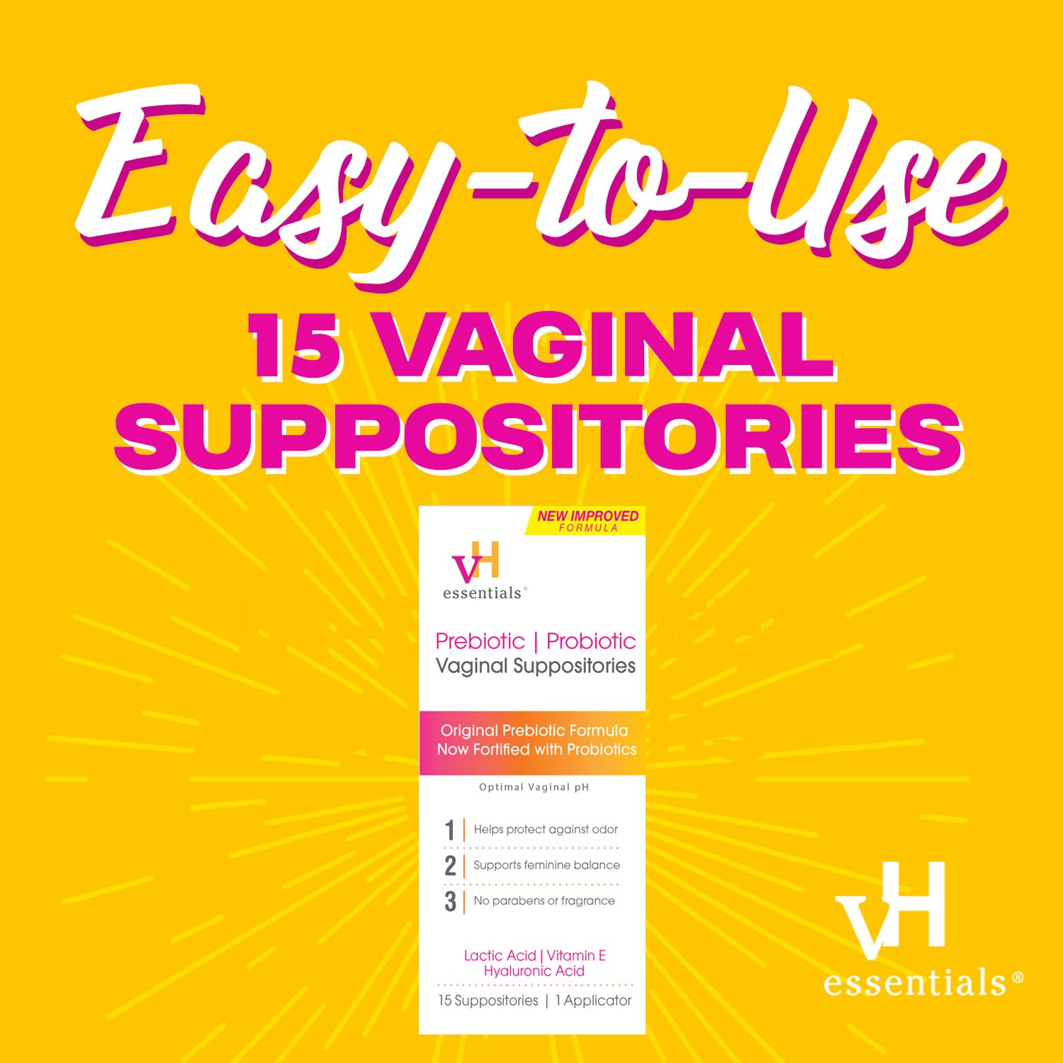 vH essentials Prebiotic PH Balanced Vaginal SuppositoriesBox, Original Version, 15 Count - AB Mystery