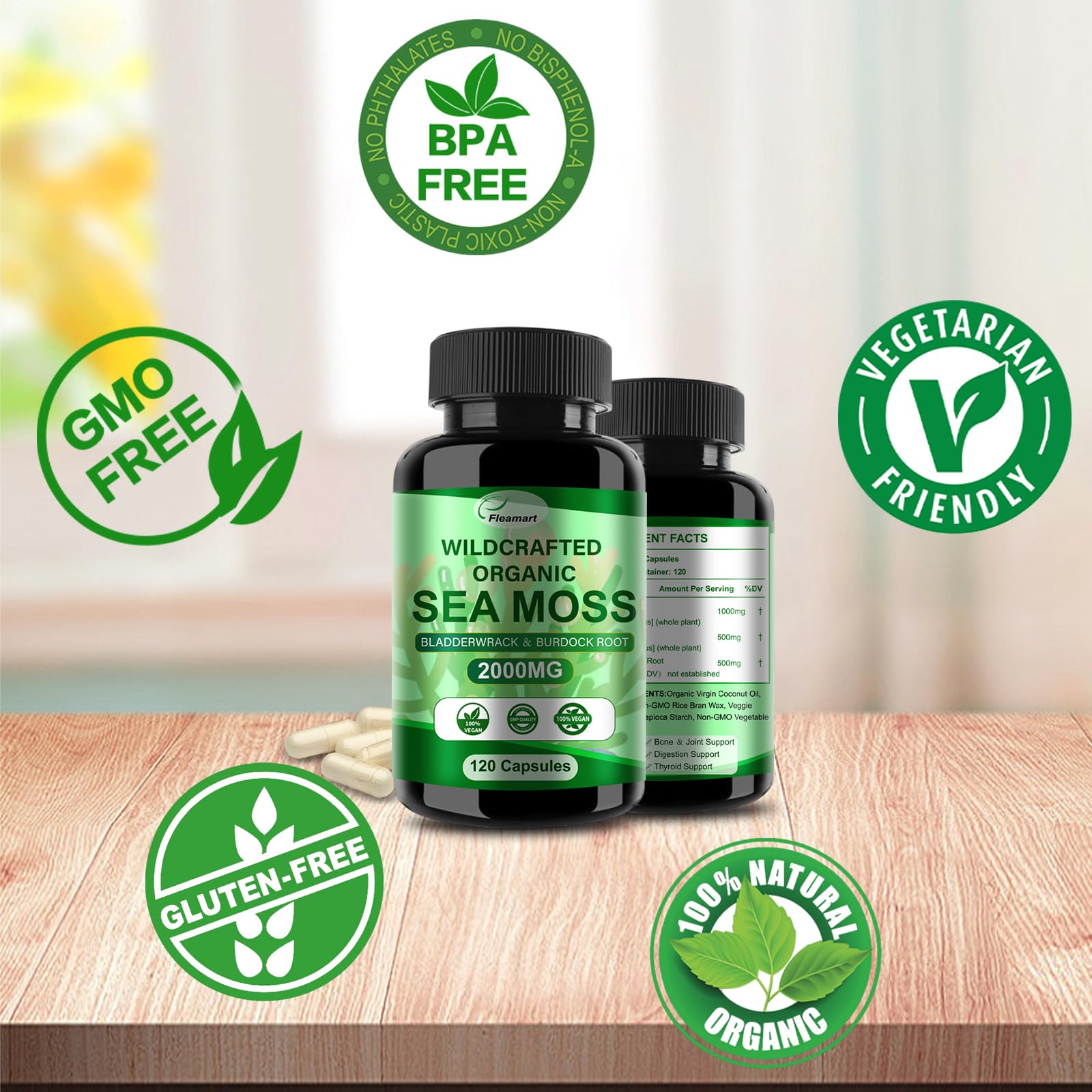 Fleamart Irish Sea Moss Capsules 120ct Raw Organic Sea Moss Wildcrafted Bladderwrack - AB Mystery