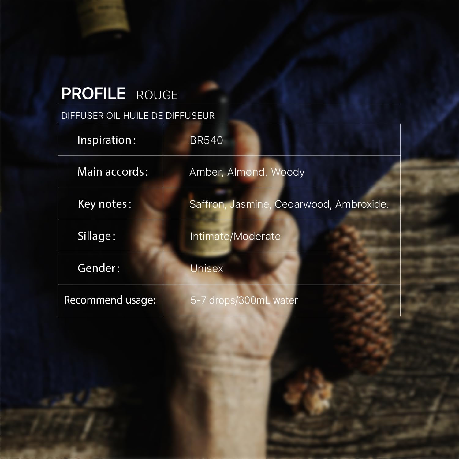 Rouge Diffuser Oil, Ambroxan Molecule-Based Scent, Saffron, Jasmine, Cedarwood Essential Oils Blend - AB Mystery