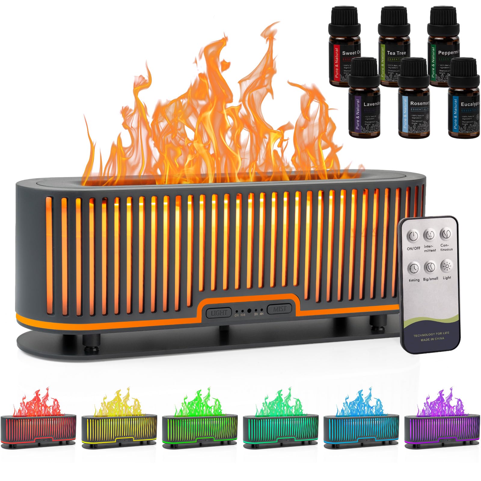 Comfynest Colorful Flame Fire Fireplace Diffuser with 6 Essential Oils Set, Ultrasonic 200ml Essential Oil