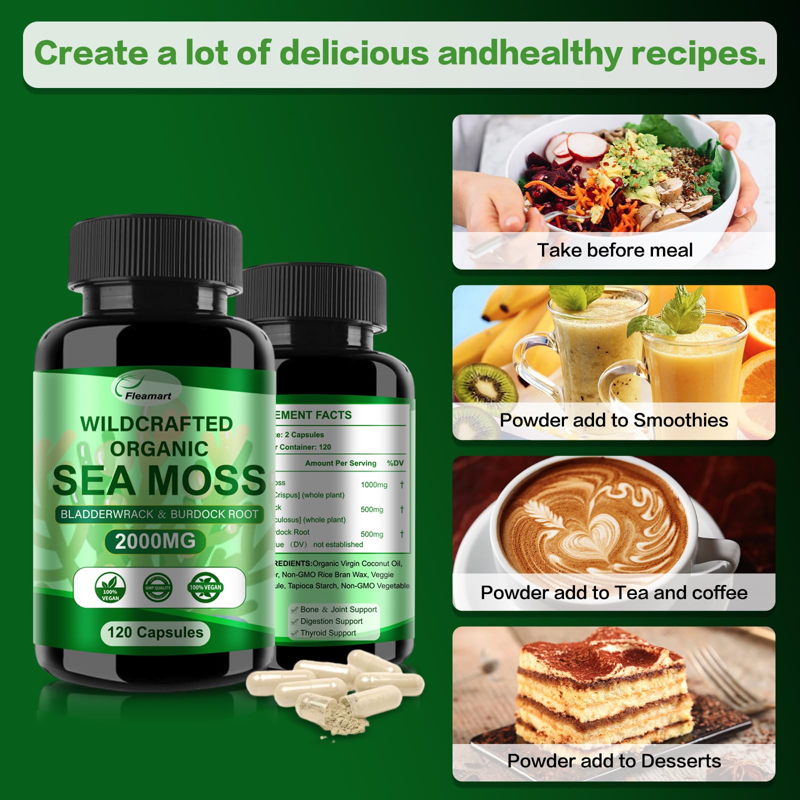 Fleamart Irish Sea Moss Capsules 120ct Raw Organic Sea Moss Wildcrafted Bladderwrack - AB Mystery