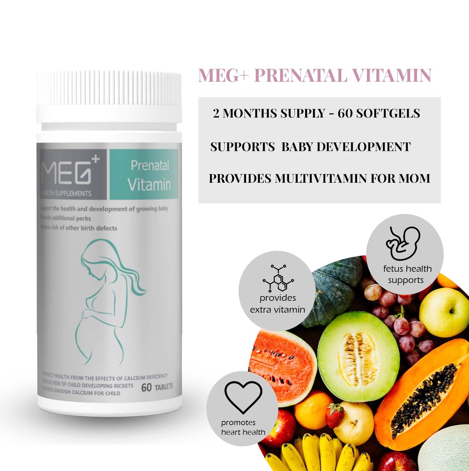 MEG+ Prenatal Supplement DHA Calcium Vitamin | 2-Month Supply 180 Counts |Omega-3 DHA Algal MEG+