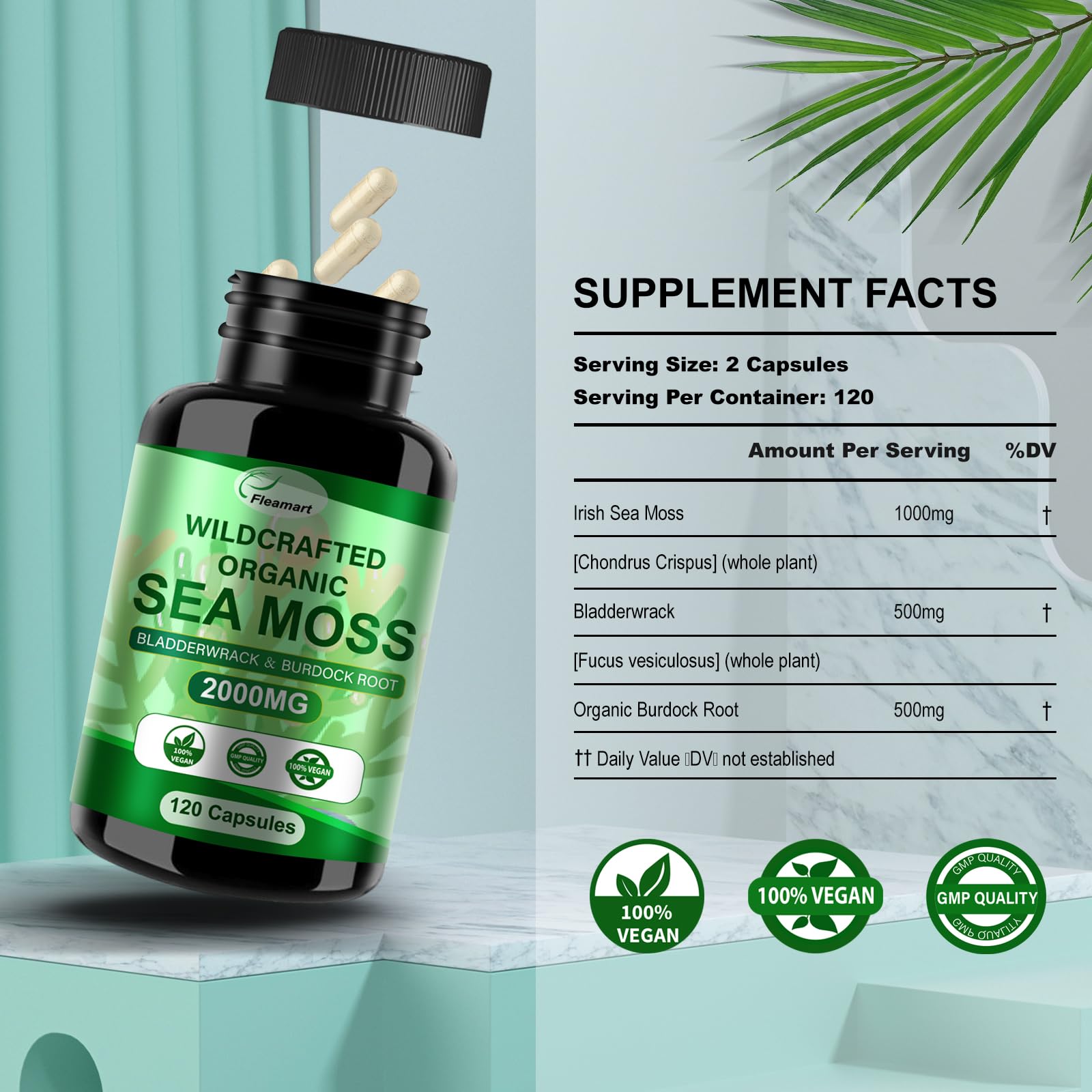 Fleamart Irish Sea Moss Capsules 120ct Raw Organic Sea Moss Wildcrafted Bladderwrack - AB Mystery