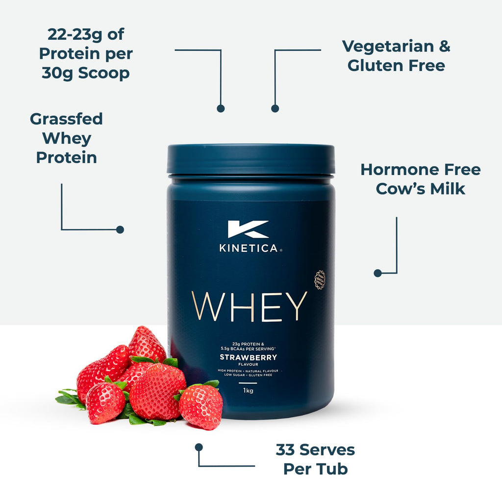 Kinetica Premium Whey Protein Powder | Grass Fed | Strawberry | 1kg | 33 Servings Kinetica