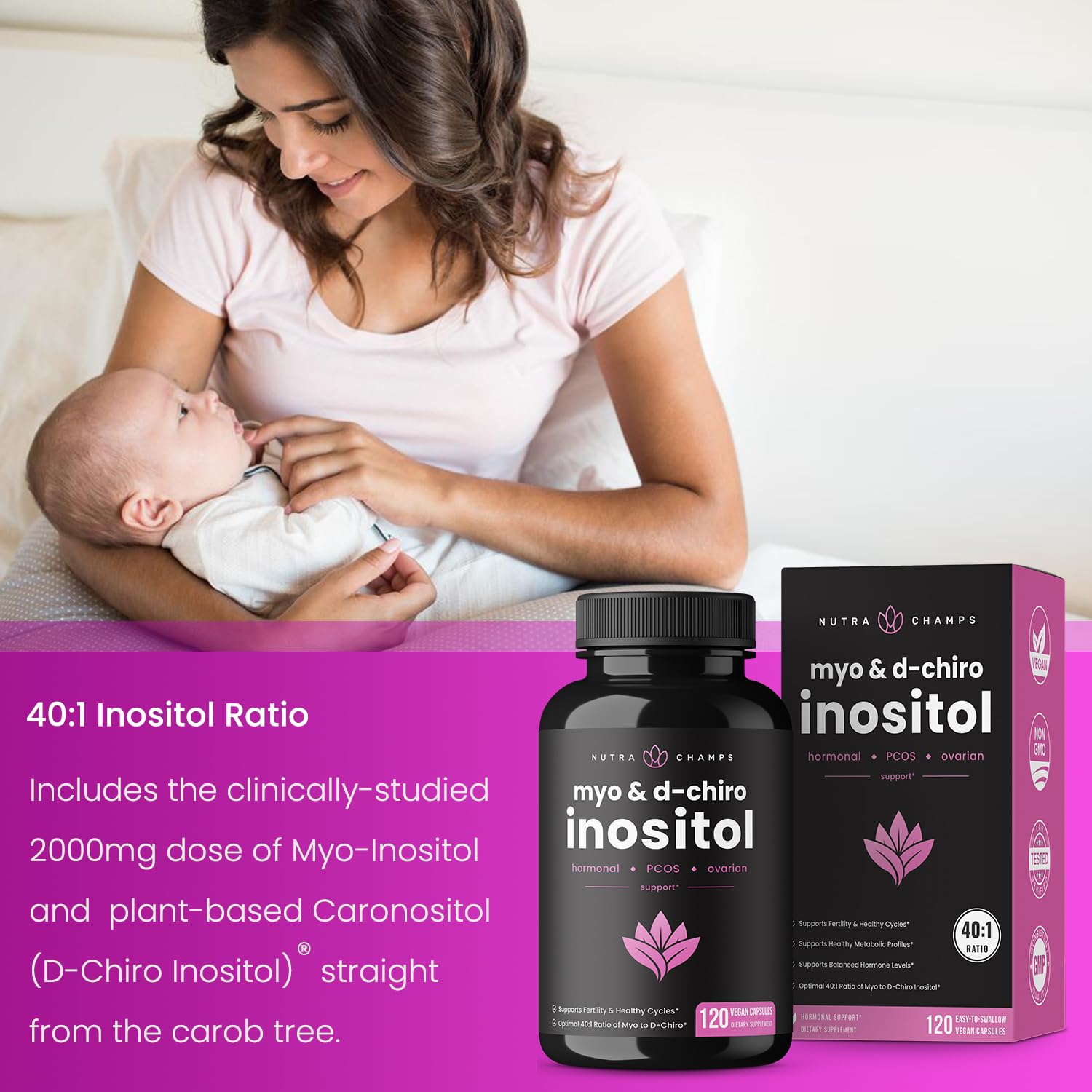 NutraChamps Myo-Inositol & D-Chiro Inositol Supplement | Ovarian & PCOS Support - AB Mystery