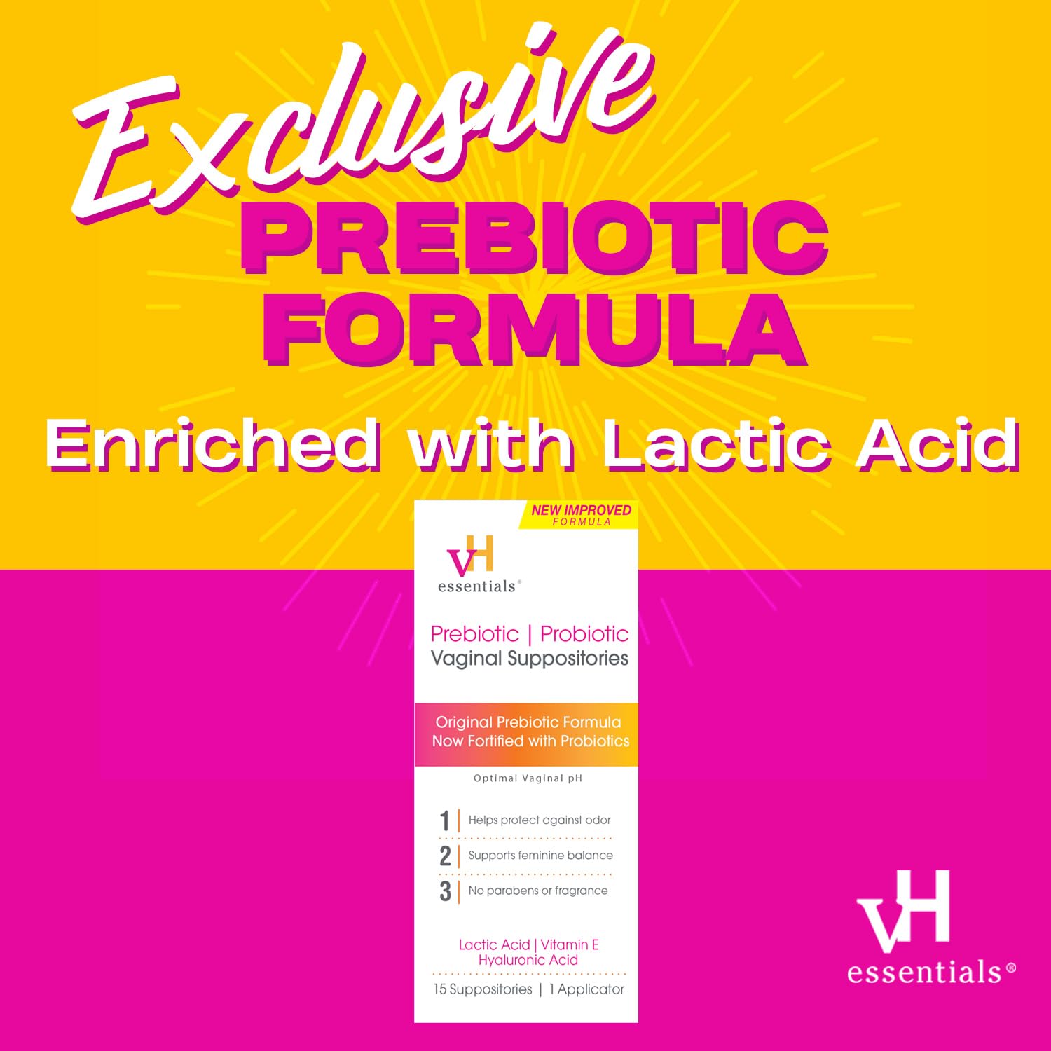 vH essentials Prebiotic PH Balanced Vaginal SuppositoriesBox, Original Version, 15 Count - AB Mystery