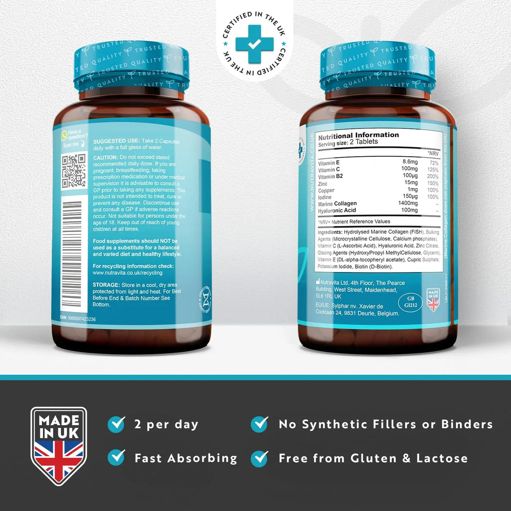Marine Collagen Tablets 1400mg Enhanced with Hyaluronic Acid - Hydrolysed Supplements for Women and Men Nutravita