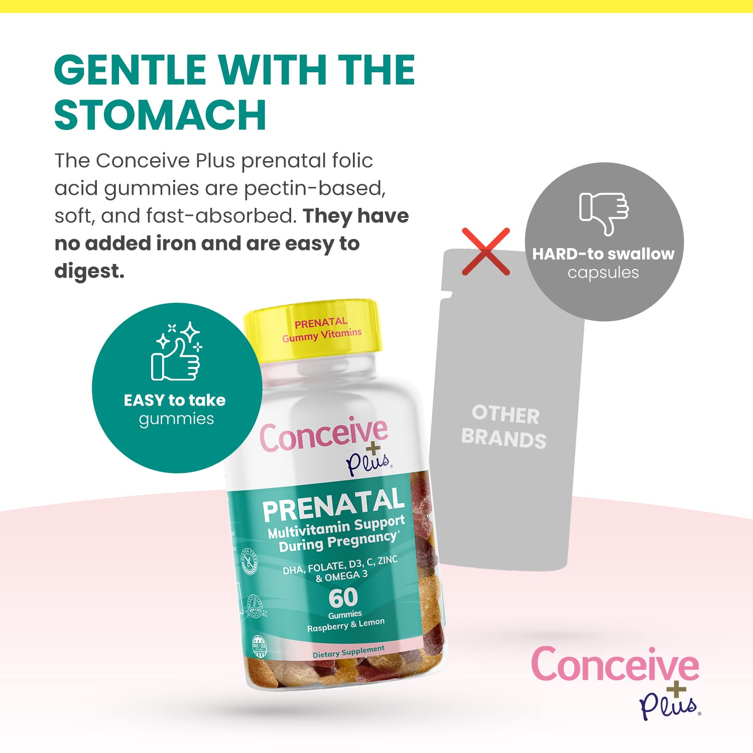 CONCEIVE PLUS Prenatal Gummies - DHA, Folic Acid, Vitamin D3, C, Zinc, and Omega 3, Natural Lemon CONCEIVE PLUS