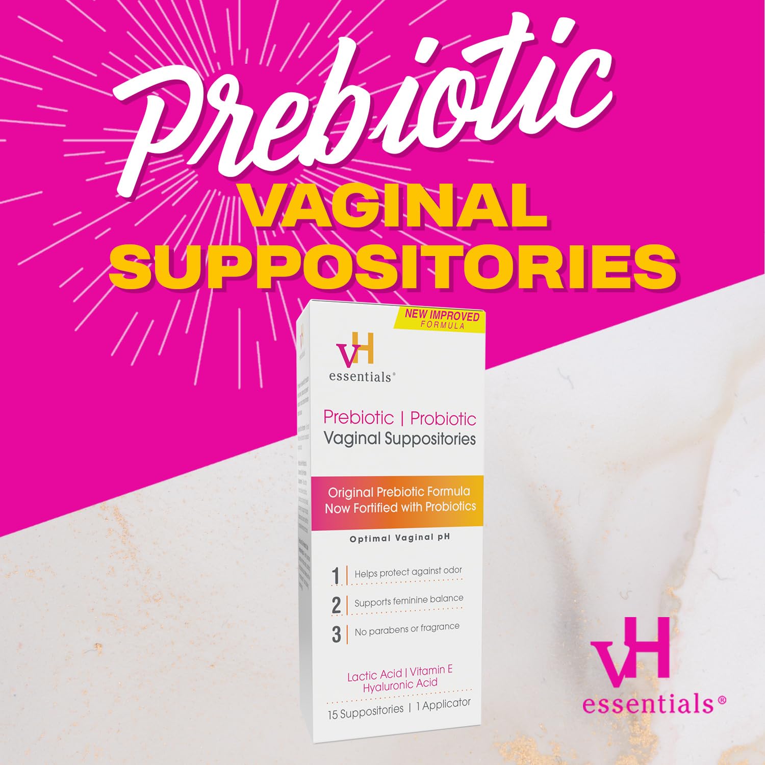 vH essentials Prebiotic PH Balanced Vaginal SuppositoriesBox, Original Version, 15 Count - AB Mystery
