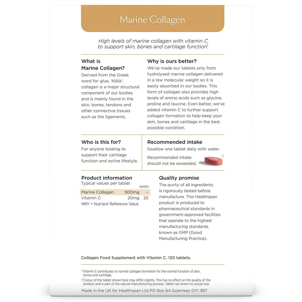 Healthspan Marine Collagen 500mg (120 Tablets) | Hydrolysed Type I Marine Collagen healthspan