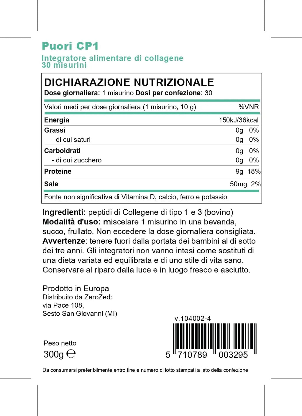 Puori CP1 Pure Collagen Hydrolysed Peptides 300g (30 Servings) - AB Mystery