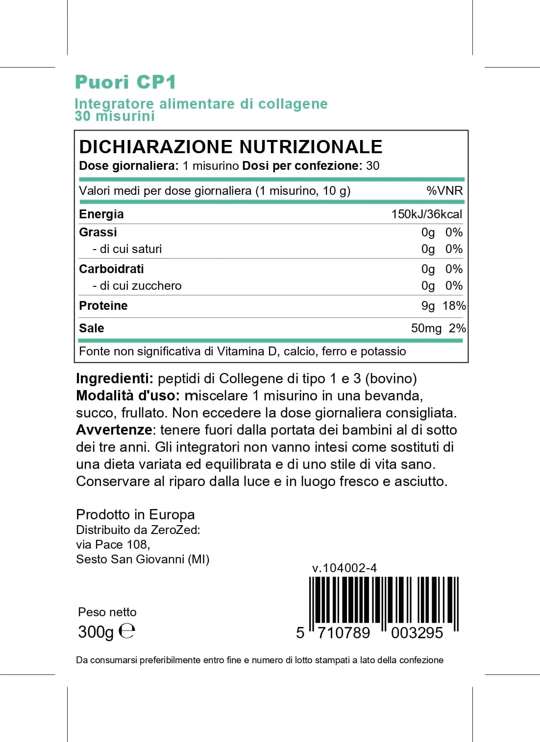 Puori CP1 Pure Collagen Hydrolysed Peptides 300g (30 Servings) - AB Mystery