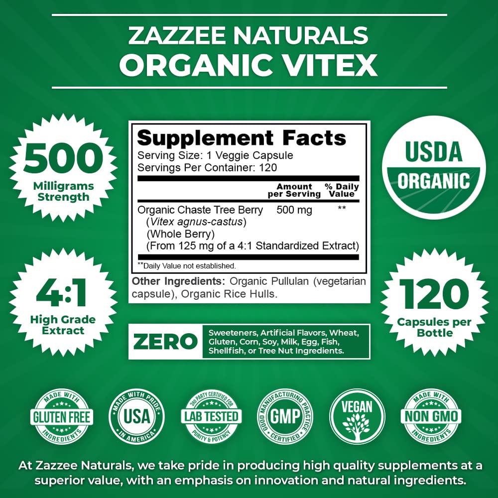 Zazzee USDA Organic Vitex, 500 mg Strength, 120 Vegan Capsules, 4 Month Supply - AB Mystery
