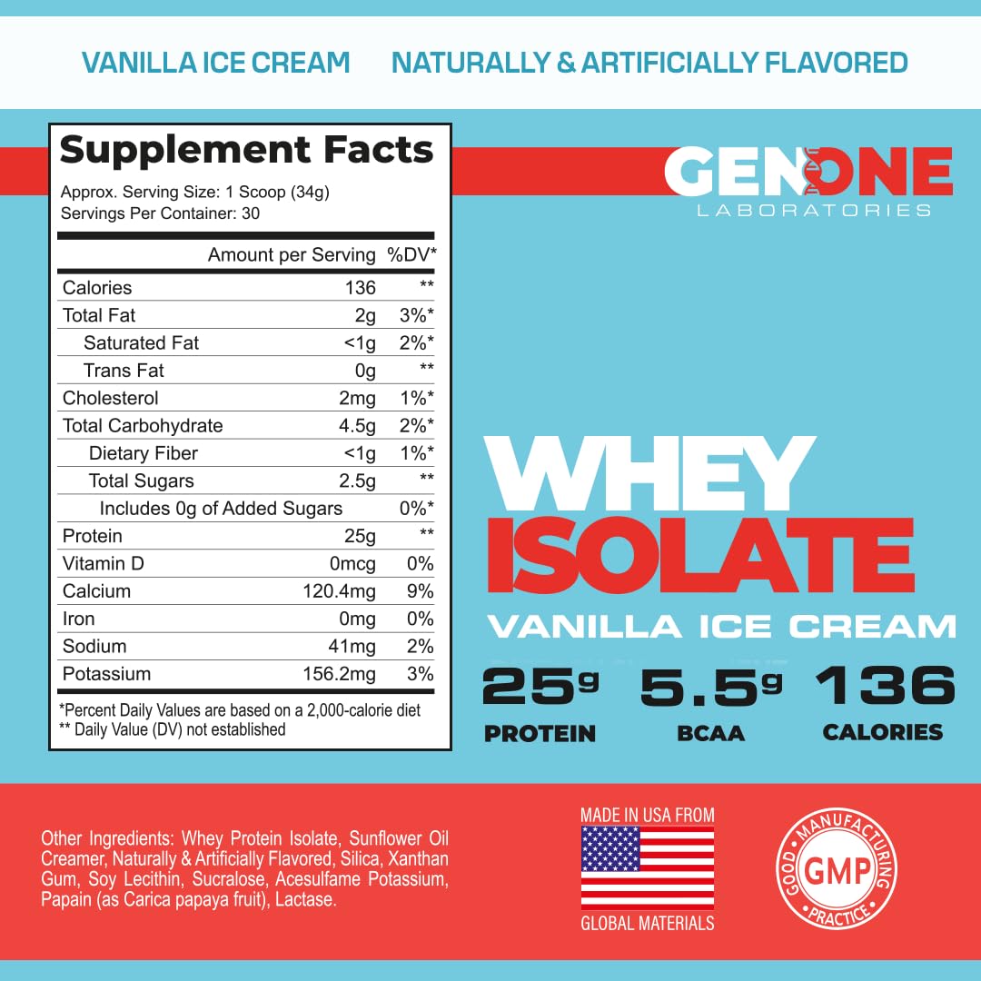 GenOne Whey Protein Powder Isolate, 25g Protein and 5.5g BCAAs per Serving, Vanilla Ice - AB Mystery