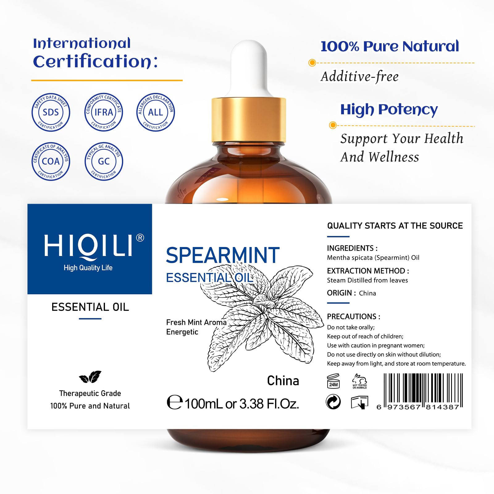 HIQILI 100ML Spearmint Essential Oil for Skin Care -100% Pure Treatment Grade - 3.38 Fl Oz. - AB Mystery