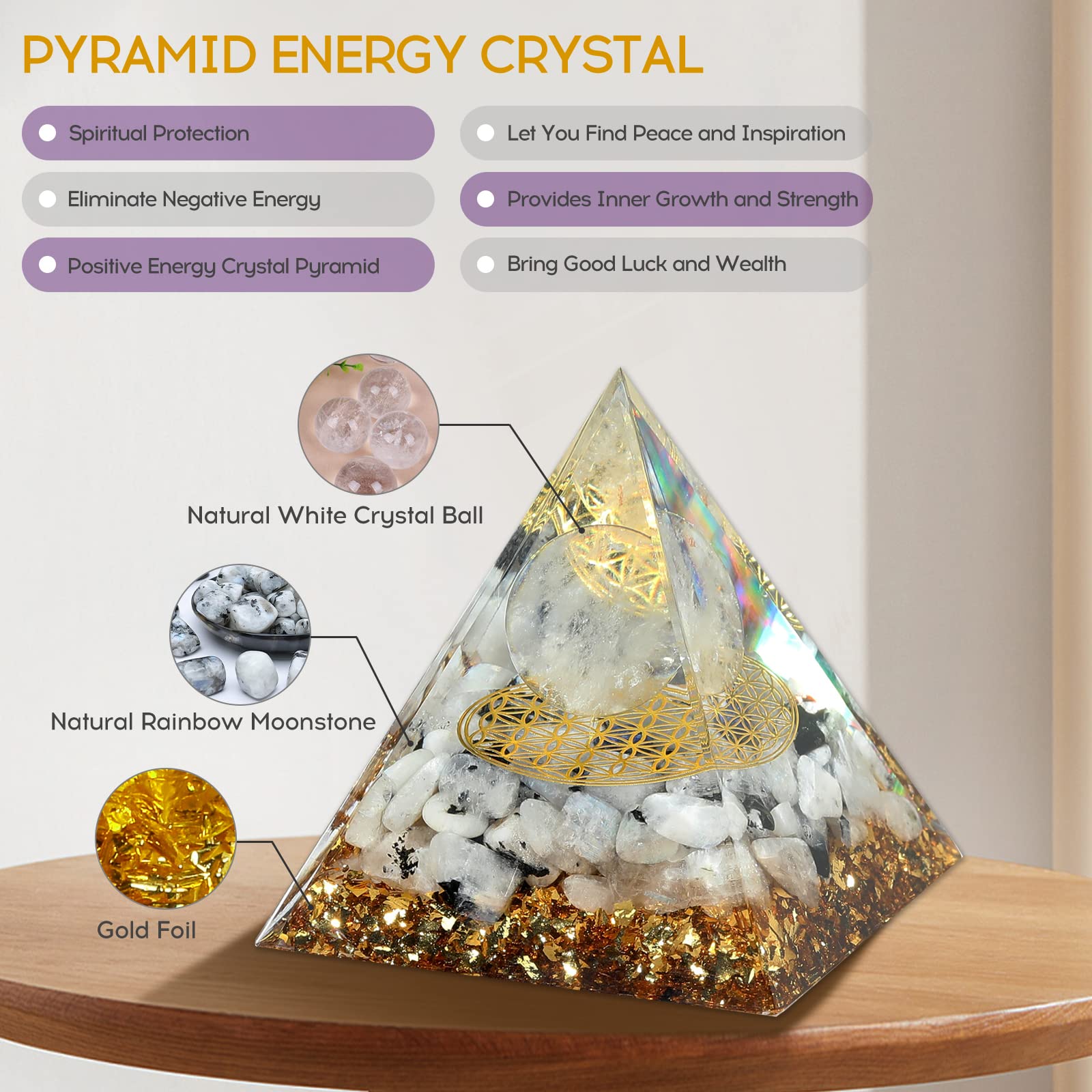 Hopeseed Orgone Pyramid for Positive Energy, Orgonite Rainbow Moonstone&White Crystal - AB Mystery