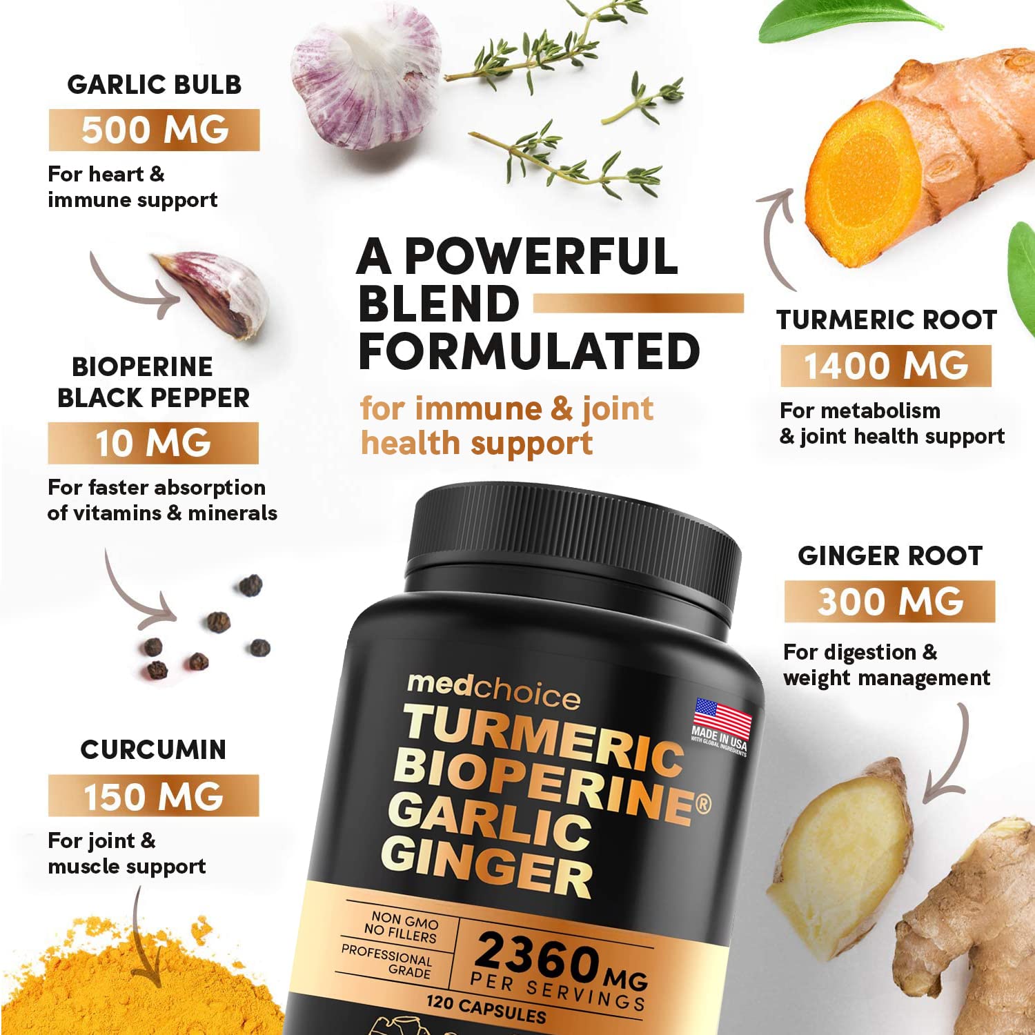 4-in-1 Turmeric and Garlic Supplements with Bioperine 2360 mg (360 ct) Turmeric Ginger - AB Mystery