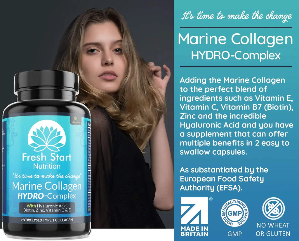 Marine Collagen Tablets 1000mg - 90 Premium Type 1 Hydrolysed Collagen Capsules with Hyaluronic Acid - AB Mystery