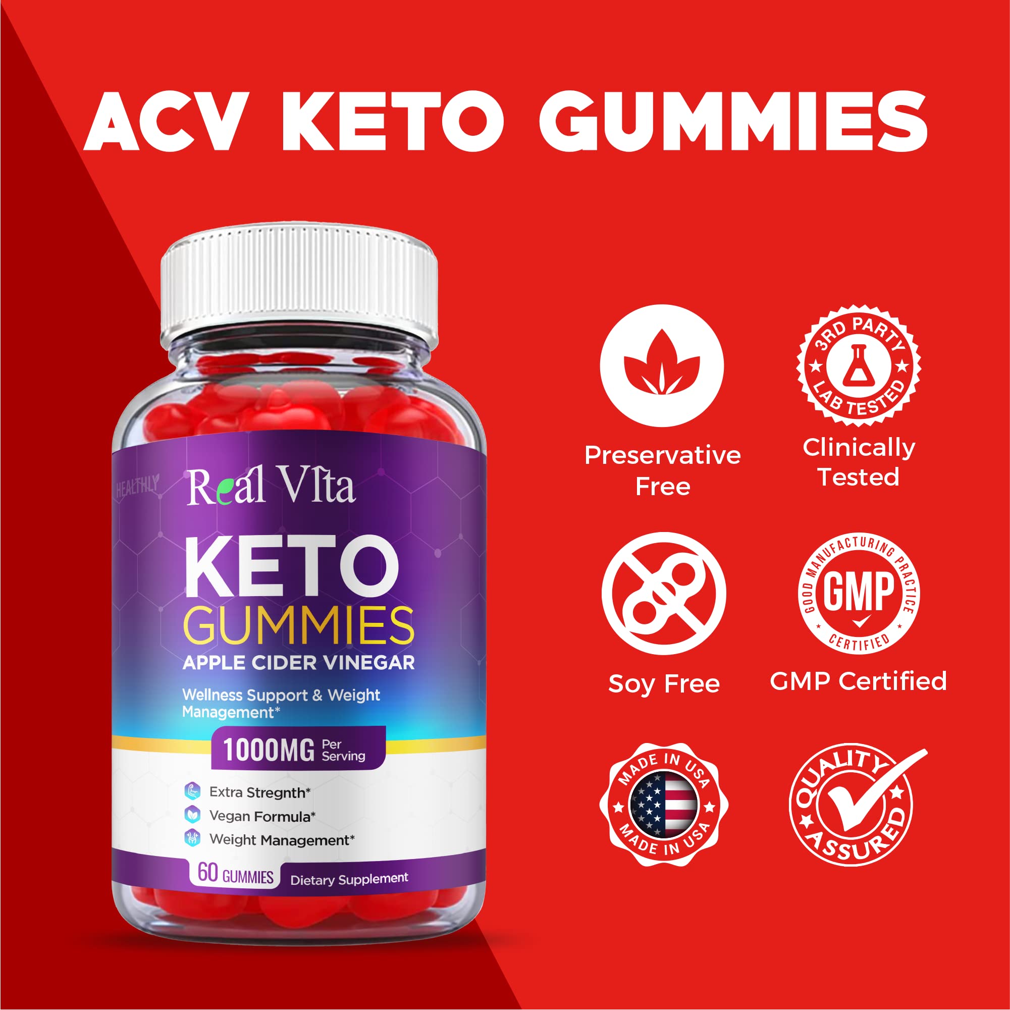 (3 Pack) Real Vita Keto Gummies - Official Formula, Vegan - Real Vita Acv Keto Gummies