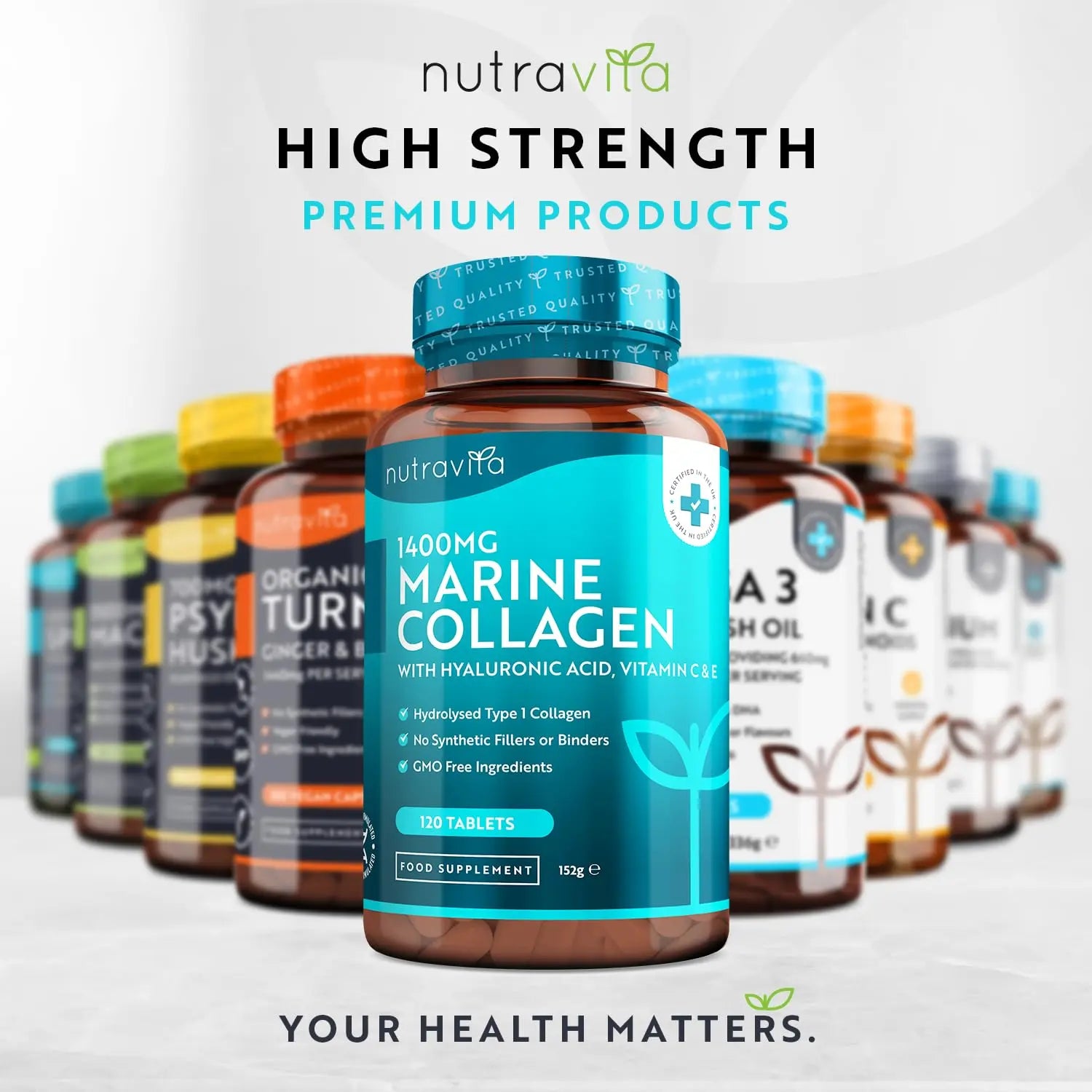 Marine Collagen Tablets 1400mg Enhanced with Hyaluronic Acid - Hydrolysed Supplements for Women and Men Nutravita