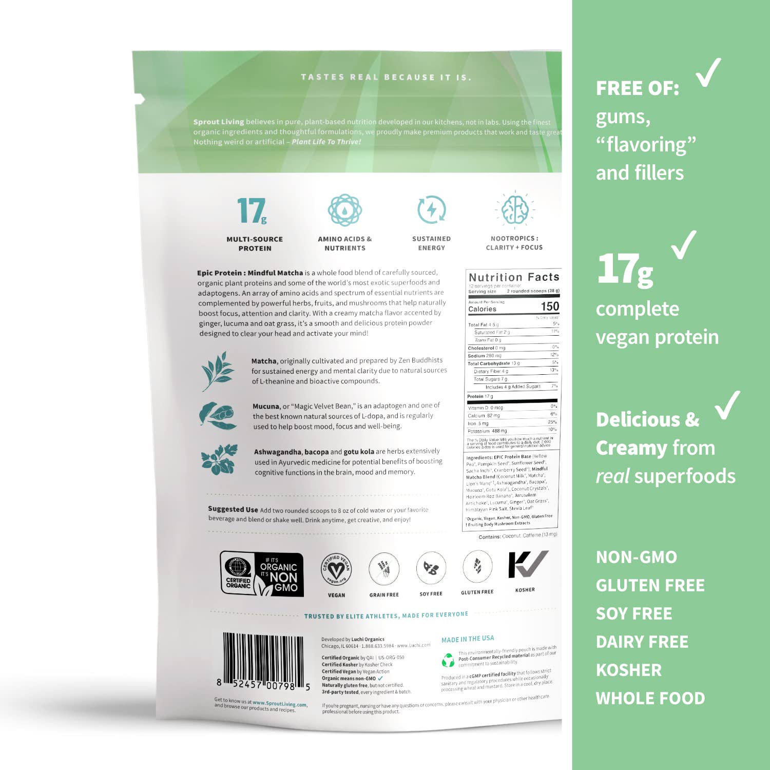 Sprout Living Epic Protein, Plant Based Protein & Superfoods Powder, Mindful Matcha - AB Mystery