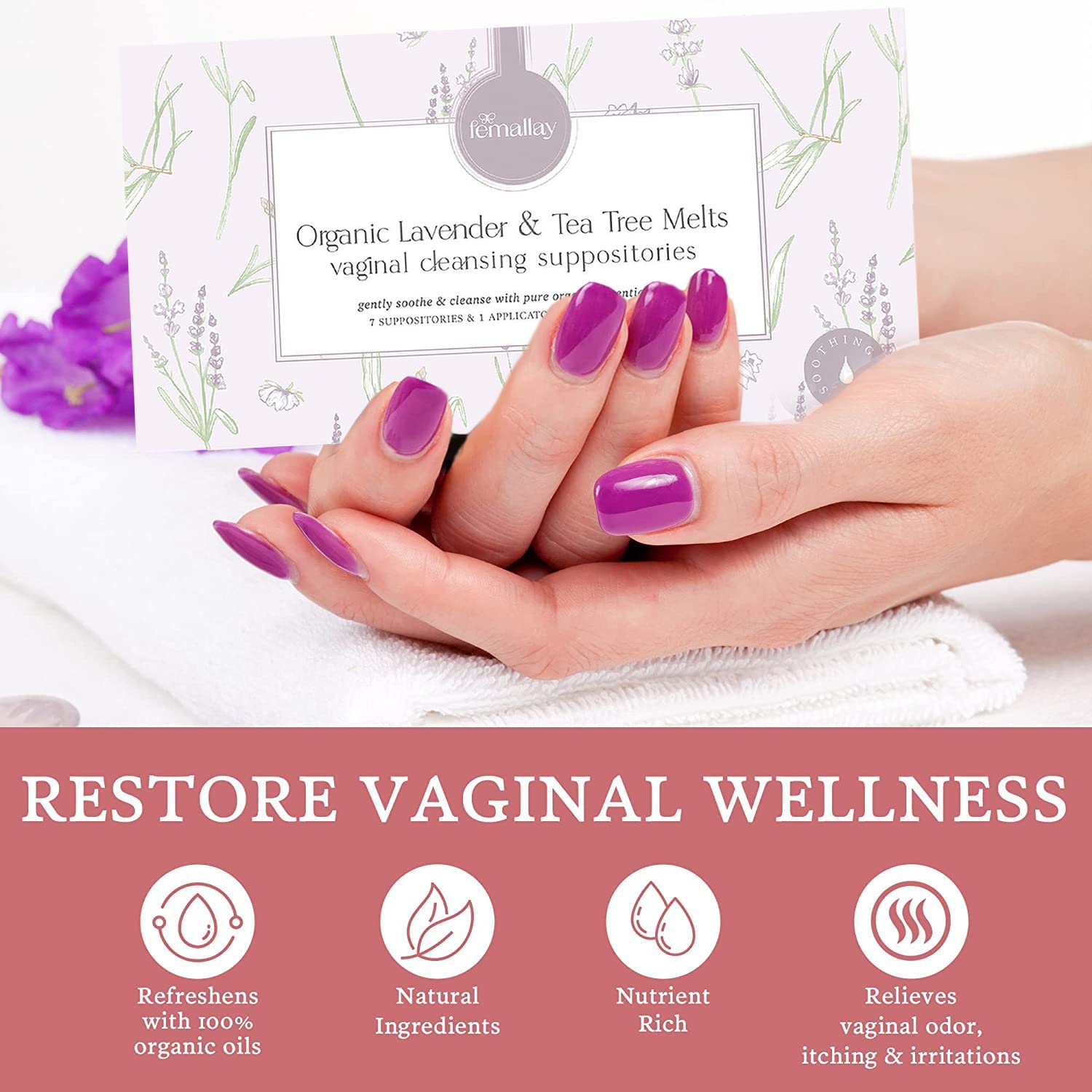 Femallay Lavender and Tea Tree Oil Vaginal Cleansing Suppositories for Hygiene, 100% Natural Melts - AB Mystery
