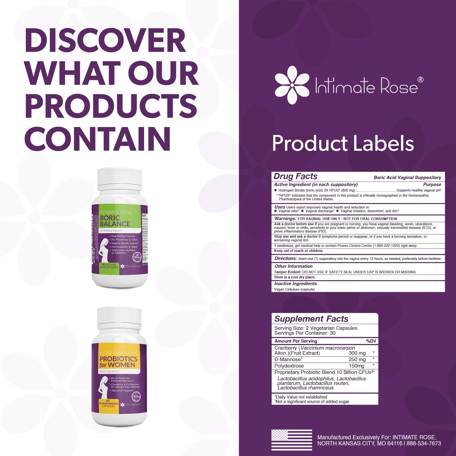 Intimate Rose Combo Pack! Flora Bloom Probiotics for Women (One Bottle) and Boric Balance Boric Acid - AB Mystery