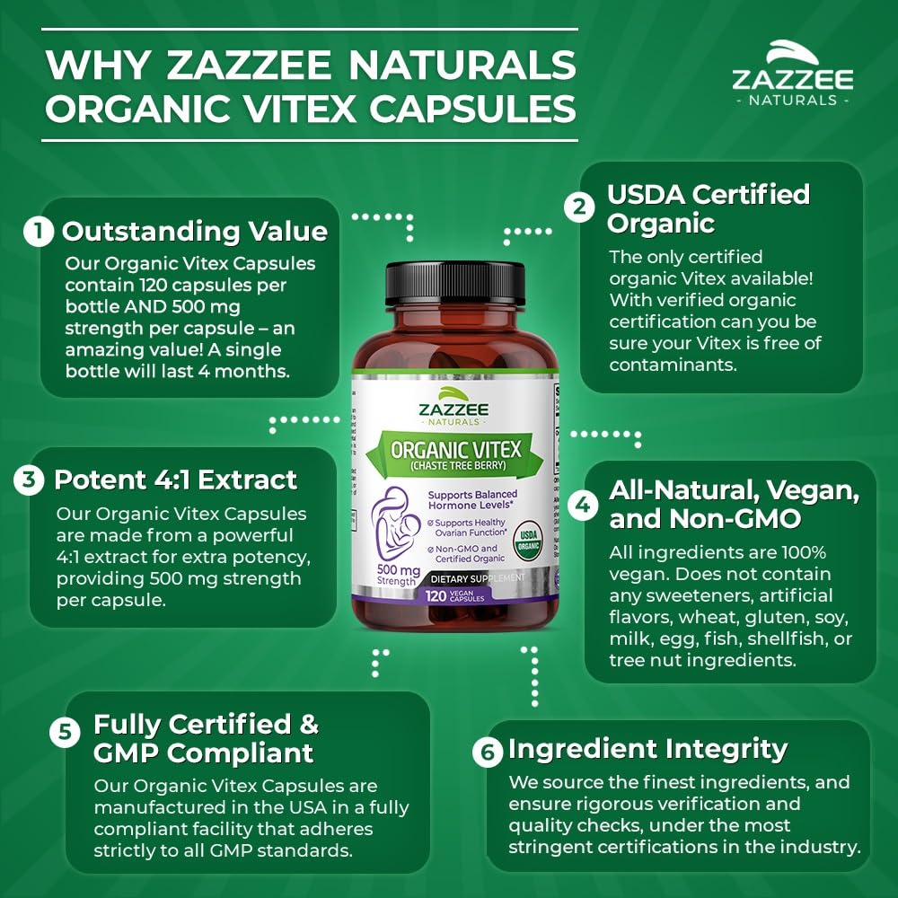 Zazzee USDA Organic Vitex, 500 mg Strength, 120 Vegan Capsules, 4 Month Supply - AB Mystery