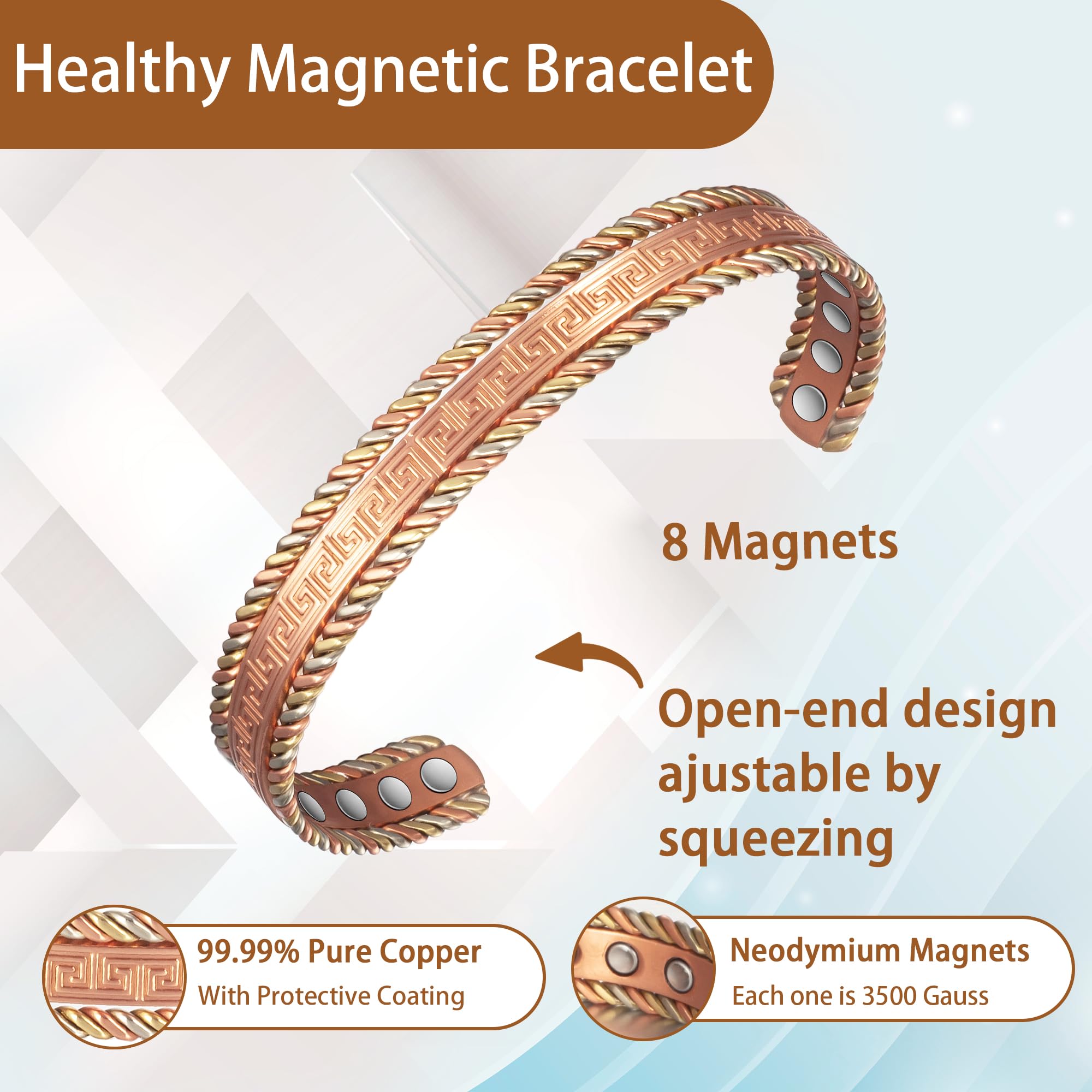 EnerCoppeX Copper Magnetic Bracelet for Women, 99.99% Pure Copper Cuff with 3500 Gauss Magnets (A) - AB Mystery