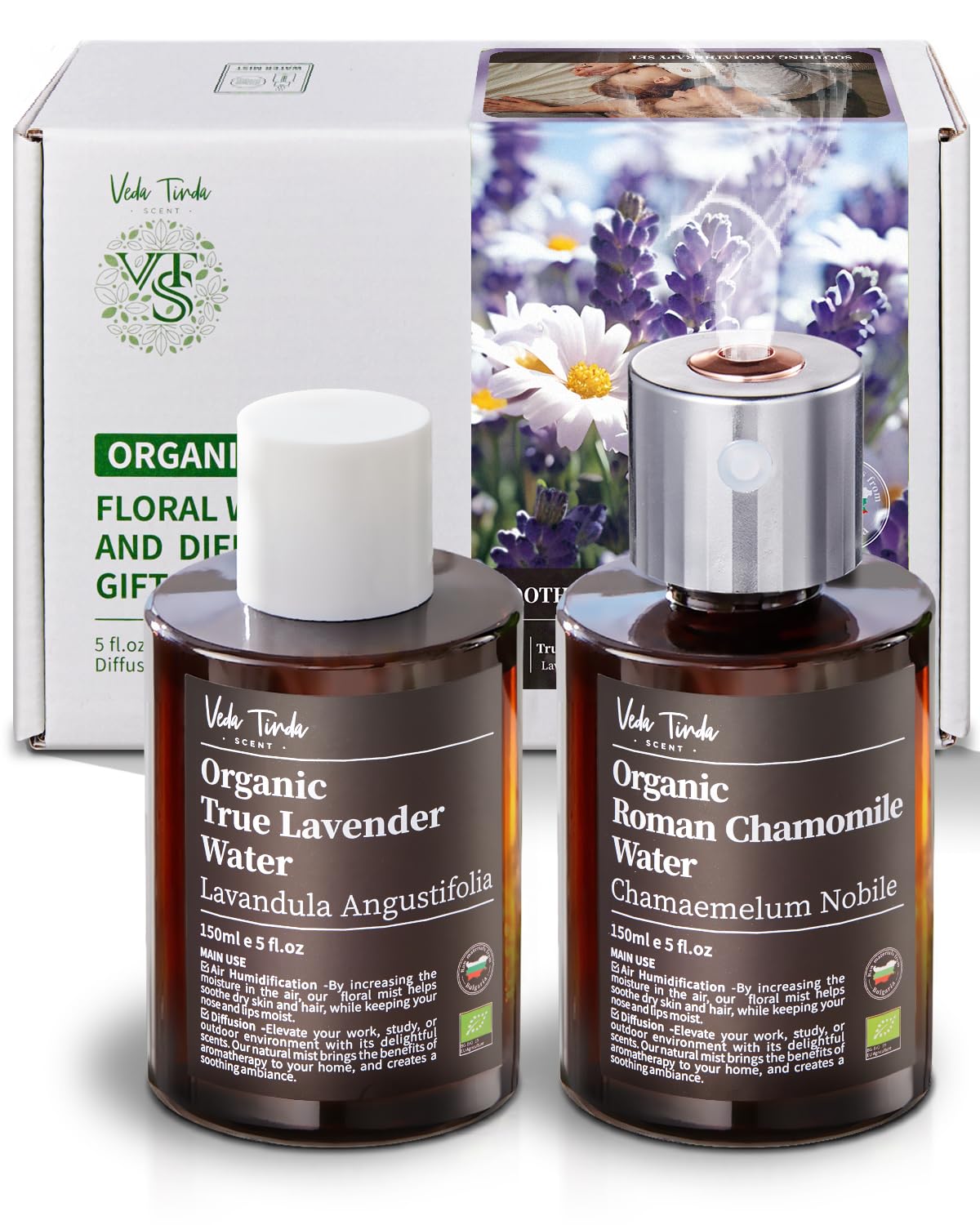 VTS Organic Lavender Water and Roman Chamomile Floral Water with Diffuser, Aromatherapy Air - AB Mystery