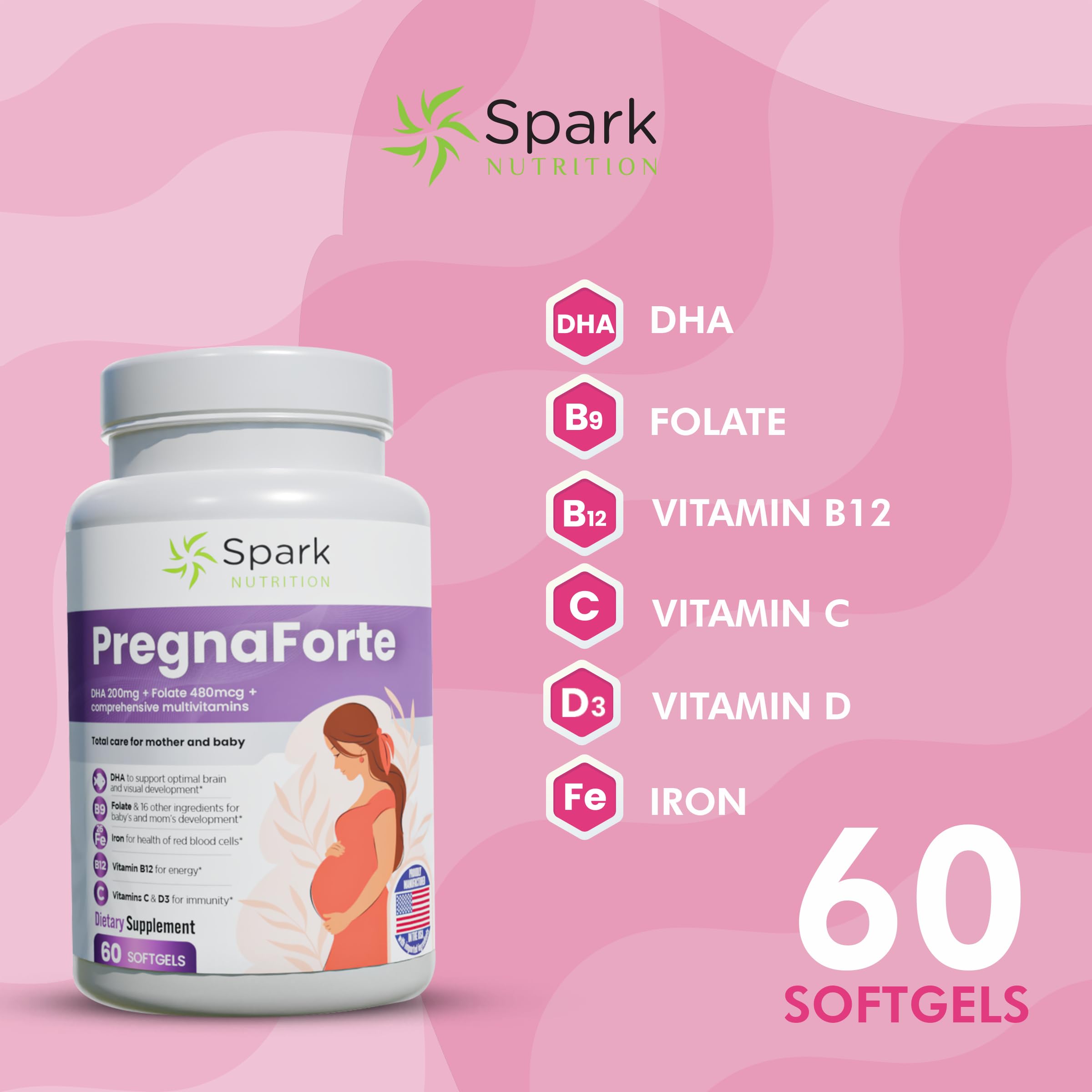 Pregnaforte Prenatal Multivitamin 60 days: Folic acid, Omega-3 DHA/EPA, Vitamins A, B6, B12, C, D3, E Spark Nutrition