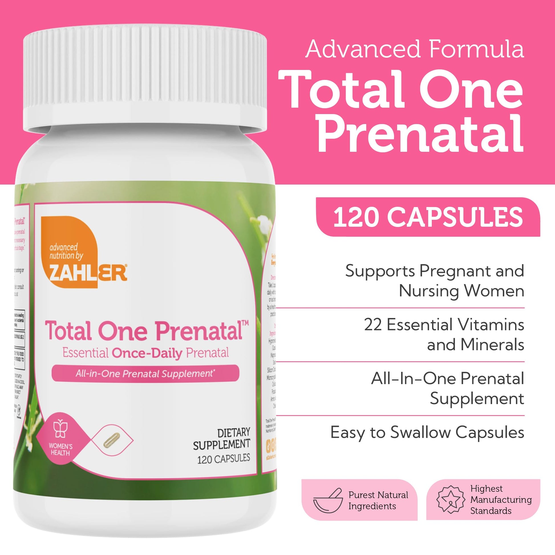 Zahler - Total One Prenatal Vitamins for Women (120 Count) Daily Multi Vitamin Prenatals with Folic Acid, Iron, Zinc Zahler
