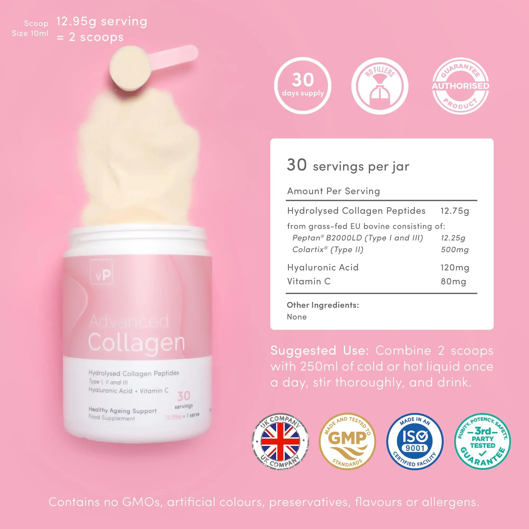Advanced Collagen with Hyaluronic Acid - 12.95g x 30 Servings - Type 1 2 3 - AB Mystery