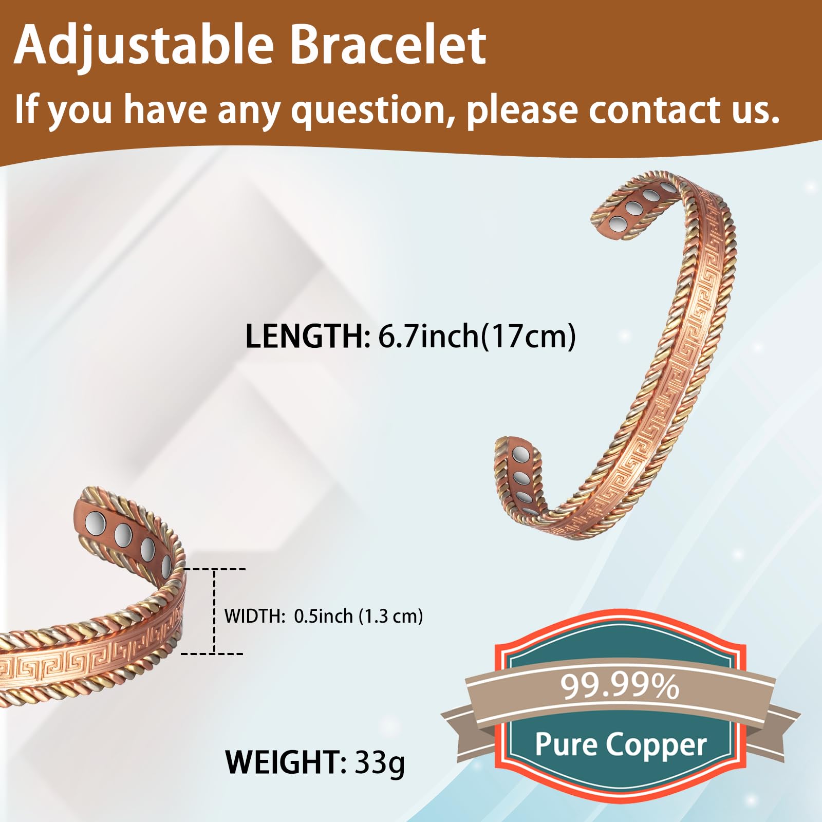EnerCoppeX Copper Magnetic Bracelet for Women, 99.99% Pure Copper Cuff with 3500 Gauss Magnets (A) - AB Mystery