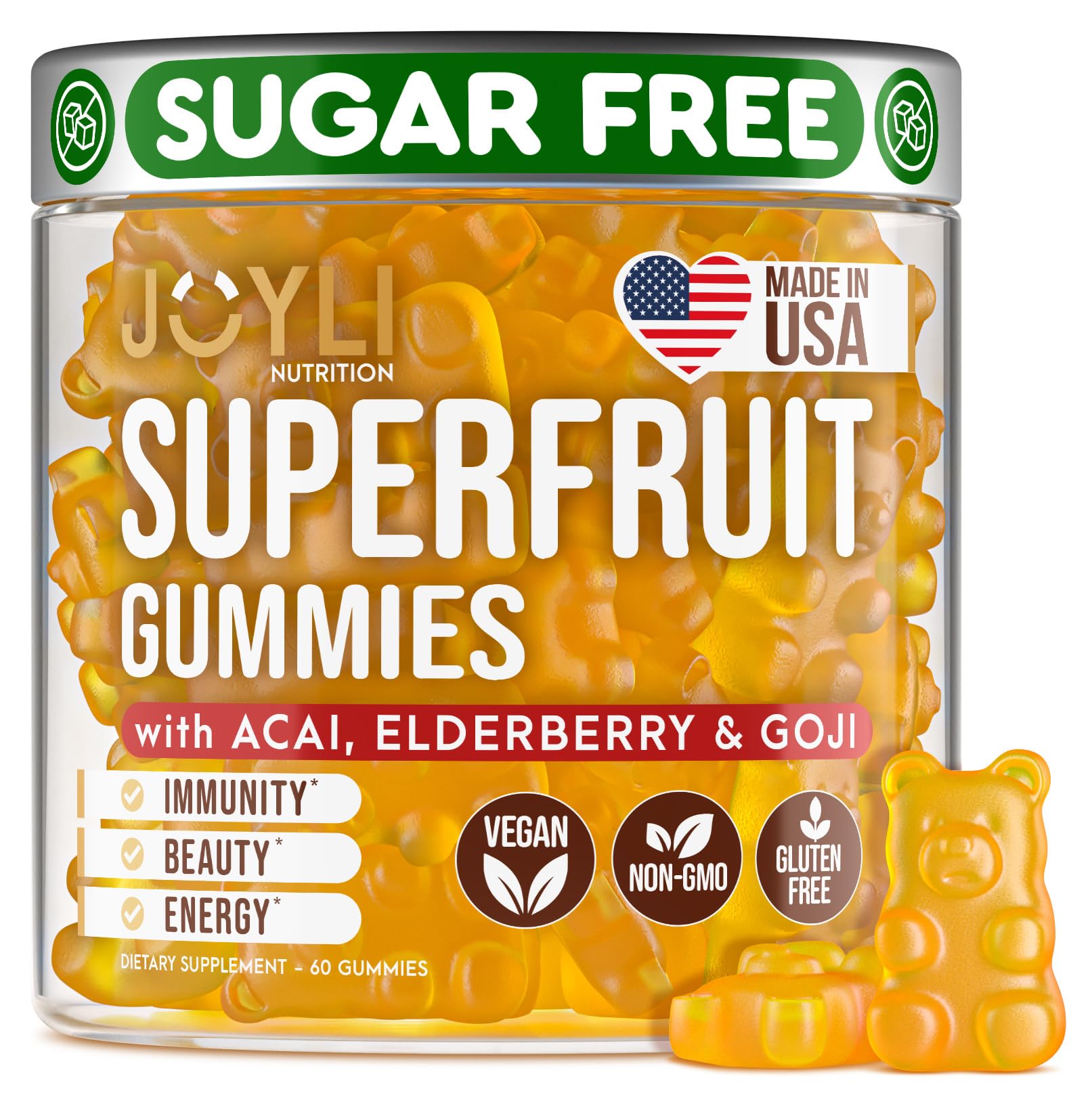Joyli Superfruit Gummies - Sugar-Free Fruit Multivitamin Gummies for Adults - Natural Gummy Vitamins for Women & Men with Goji, Elderberry, Vitamins A, C, D & E - AB Mystery