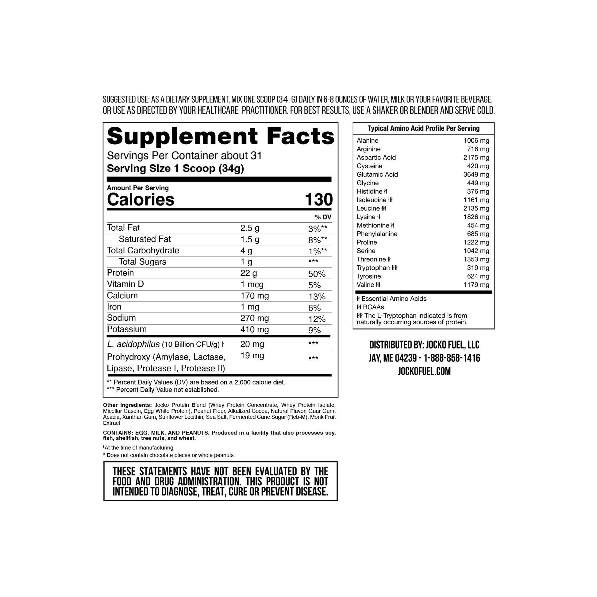 Jocko Mölk Chocolate Peanut Butter Whey Protein Powder - Keto, Probiotics, Grass Fed - AB Mystery