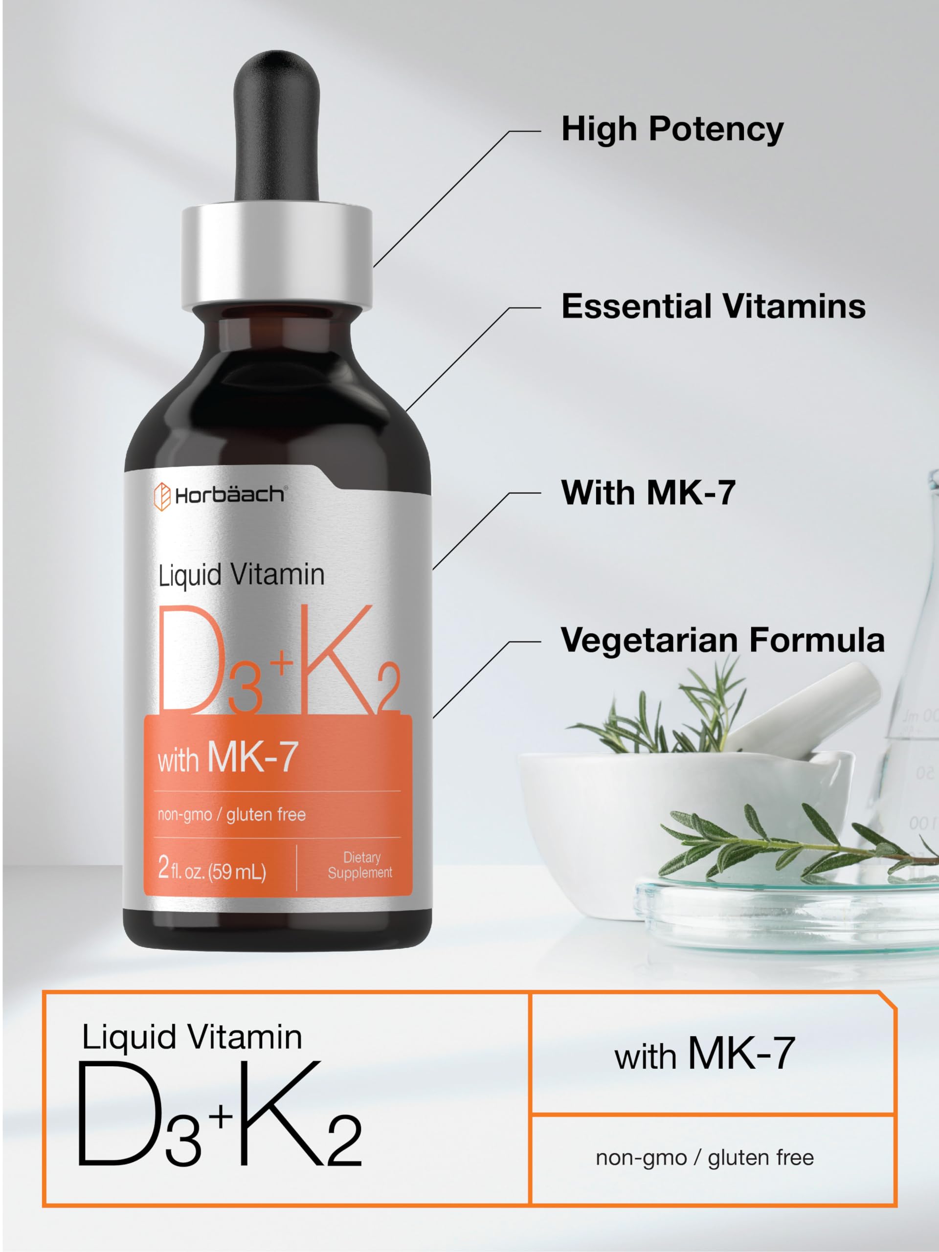Horbäach Vitamin D3 + K2 Liquid Drops | with MK7 | 2 Fl Oz | Vegetarian | Non-GMO - AB Mystery