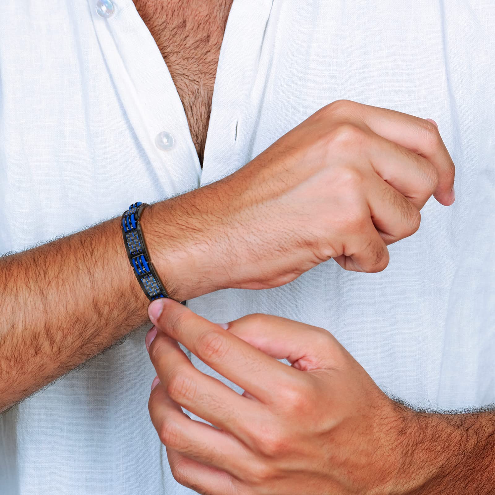 JEROOT Magnetic Bracelets for Men, Blue Carbon Fiber Pure Titanium Magnetic Bracelet - AB Mystery