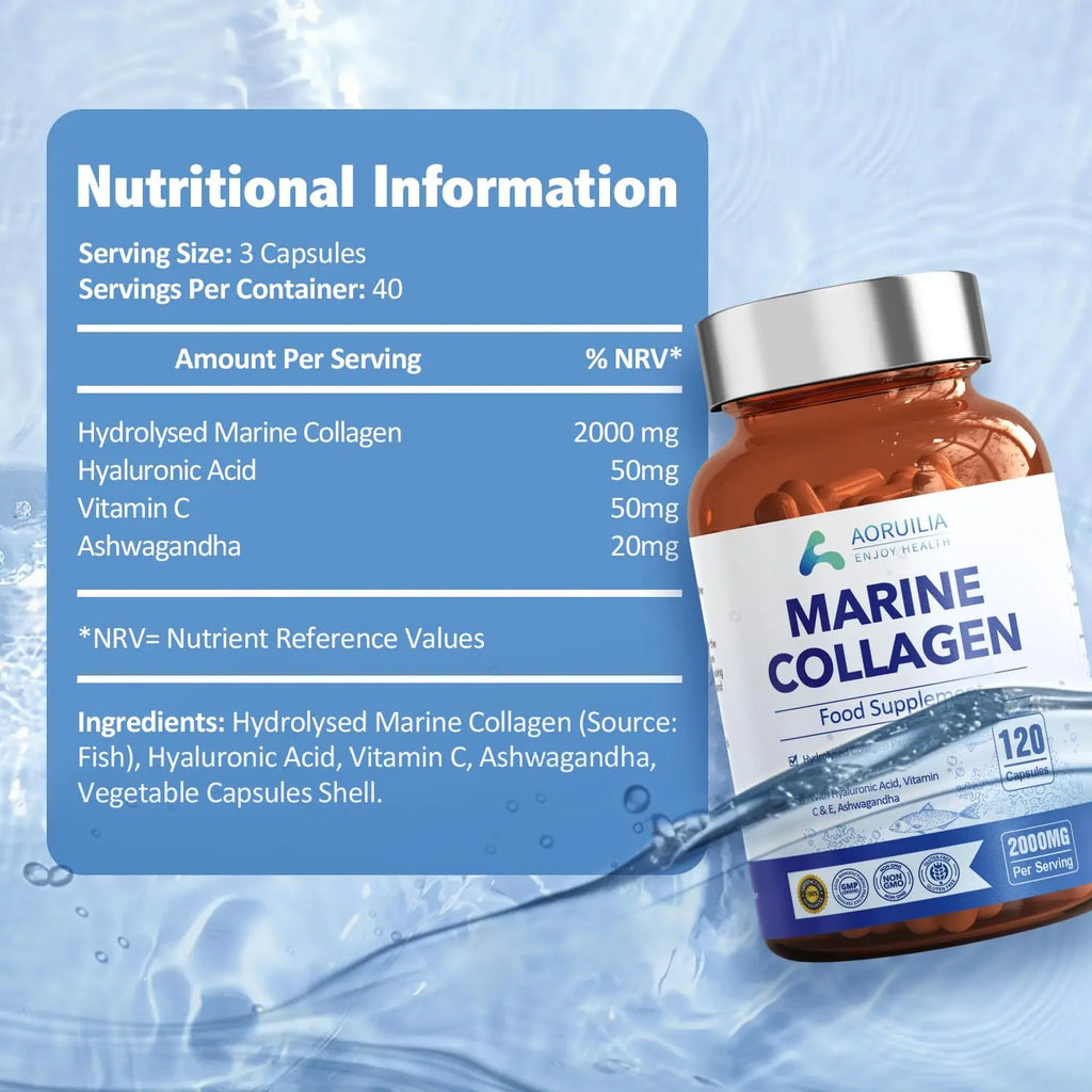 Marine Collagen Supplements for Women Men 2000mg 120 Capsules Hyaluronic Acid, Vitamin C, Vitamin E, & Ashwagandha Aoruilia