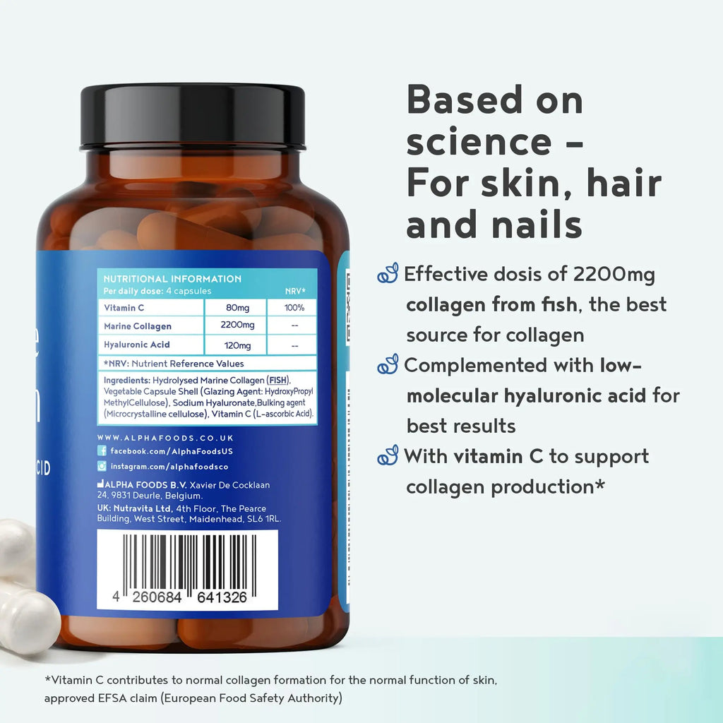 Marine Collagen Capsules 2200mg - Enhanced with Hyaluronic Acid and Vitamin C Alpha Foods