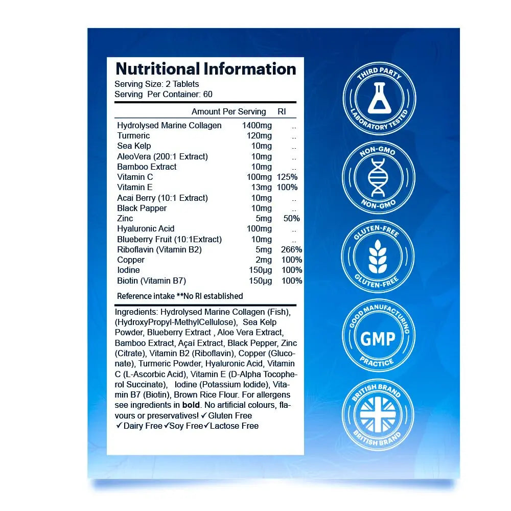 Pure Marine Collagen 120 Tablets 1400mg - Premium Blend with Hyaluronic Acid, Biotin, Vitamin C & E - AB Mystery